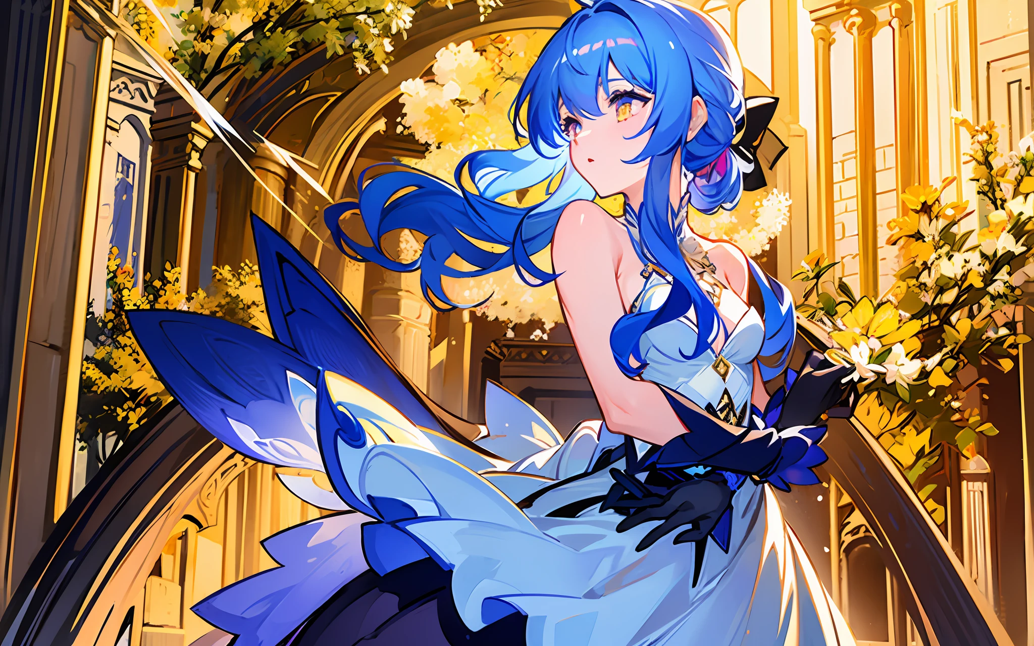 (1 girl:1.5), lace, ribbon, wedding dress, (masterpiece, side light, delicately beautiful golden eyes: 1.2), masterpiece, realistic, glowing eyes, shiny hair, blue hair, long hair, shiny skin, solo, embarrassment, bandeau, delicate, beautiful, church, flowers, fluttering petals, ponytail, holding a flower ball,