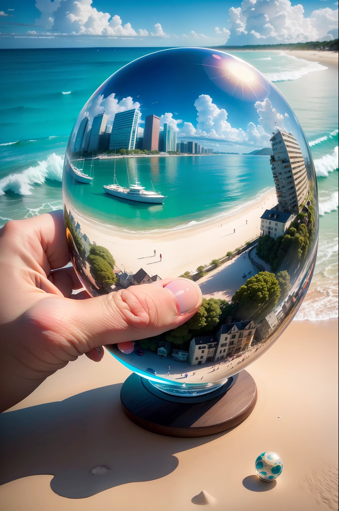mini\(ttp\), (8k, RAW photo, best quality, masterpiece:1.2), colorful background, clean background, depth of field, city, high building, miniature, landscape, isometric,in Crystal ball, 16:9, beach, waves