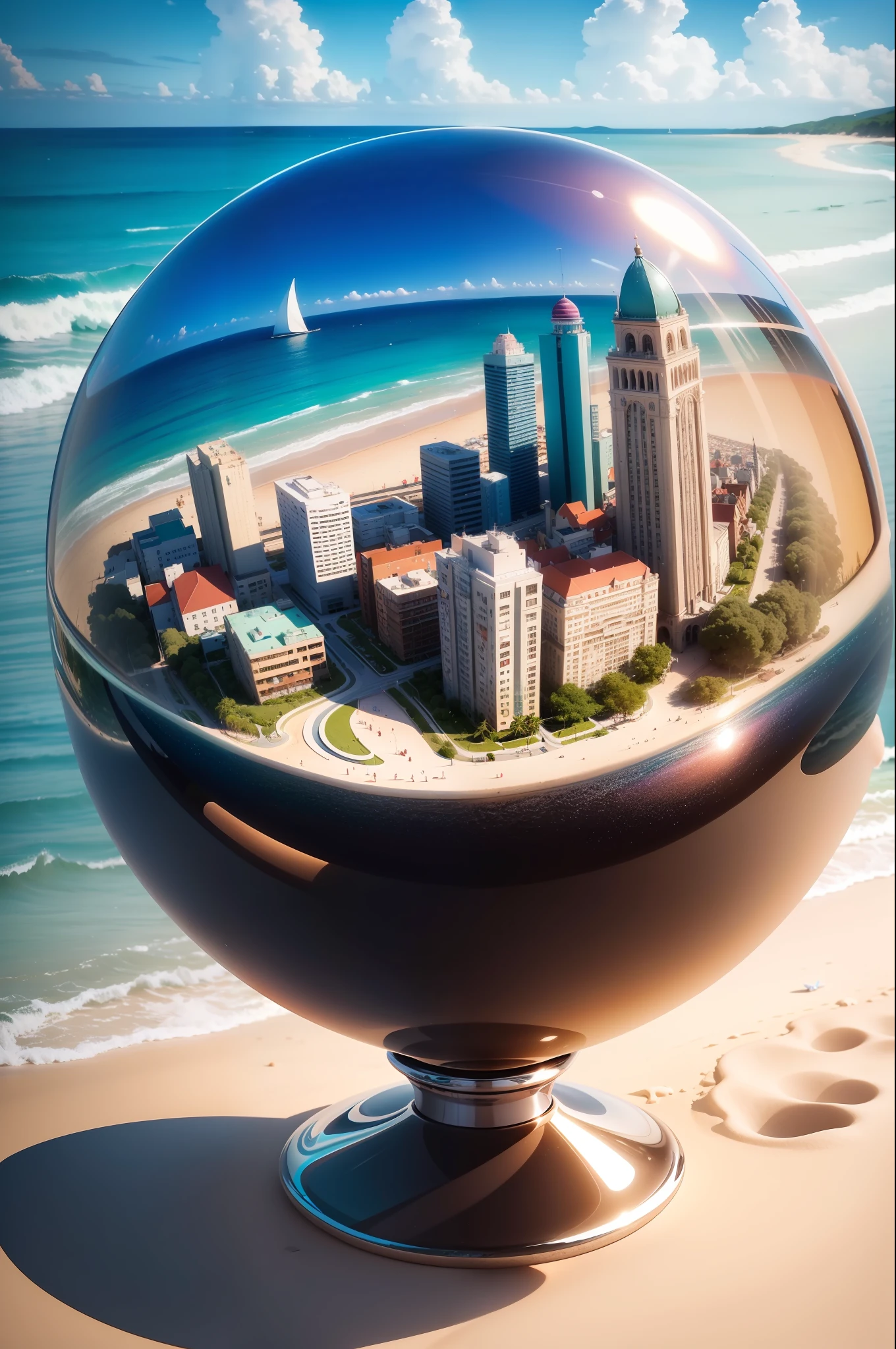 mini\(ttp\), (8k, RAW photo, best quality, masterpiece:1.2), colorful background, clean background, depth of field, city, high building, miniature, landscape, isometric,in Crystal ball, 16:9, beach, waves