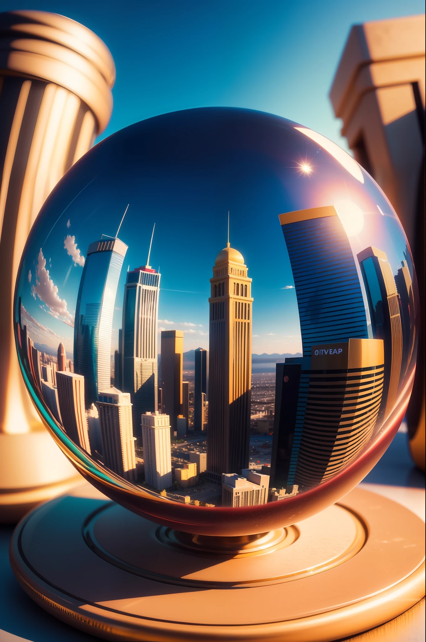 mini\(ttp\), (8k, RAW photo, best quality, masterpiece:1.2), colorful background, clean background, depth of field, city, high building, miniature, landscape, isometric,in Crystal ball, 16:9, las vegas