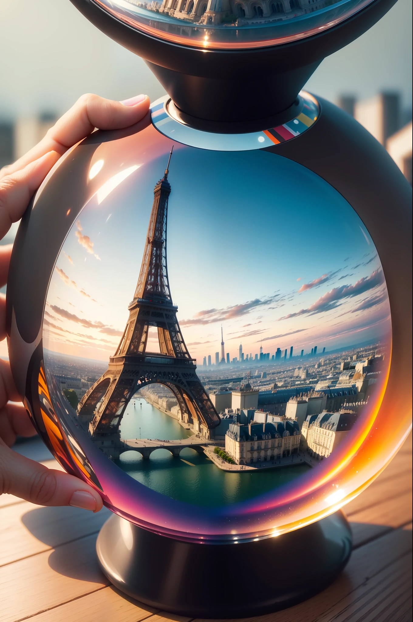 mini\(ttp\), (8k, RAW photo, best quality, masterpiece:1.2), colorful background, clean background, depth of field, city, high building, miniature, landscape, isometric,in Crystal ball, 16:9, paris, eifel tower