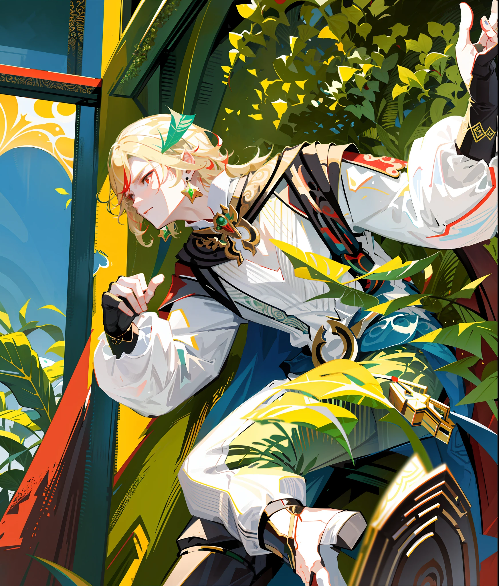 best quality, masterpiece, highres, 1boy,male,solo, mature male, blond hair, red eyes, green fractal swirls around him, green fractal background, plants, leaf, nature magic