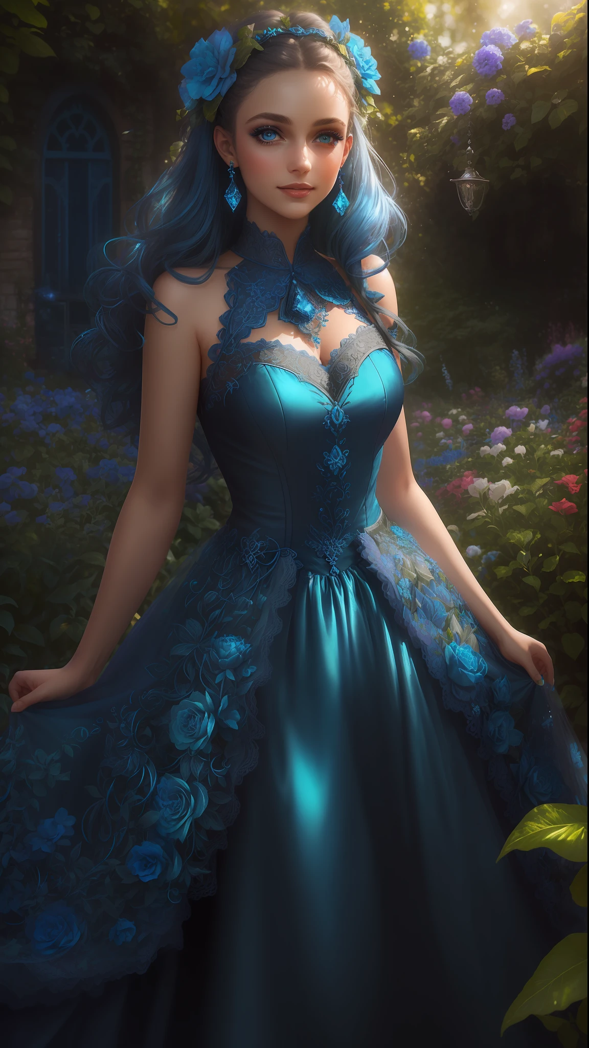 award winning studio photo of beautiful girl, raw photo, (1girl:1.2), half body, detailed garden on the background, (ultra detailed:1.4), lots details, sharp focus, hdr, (detailed blue duochrome dress:1.2), make up, decorations, detailed face, nature skin texture, sexual smiling, bright colors, (saturated:1.2), vibrant colors