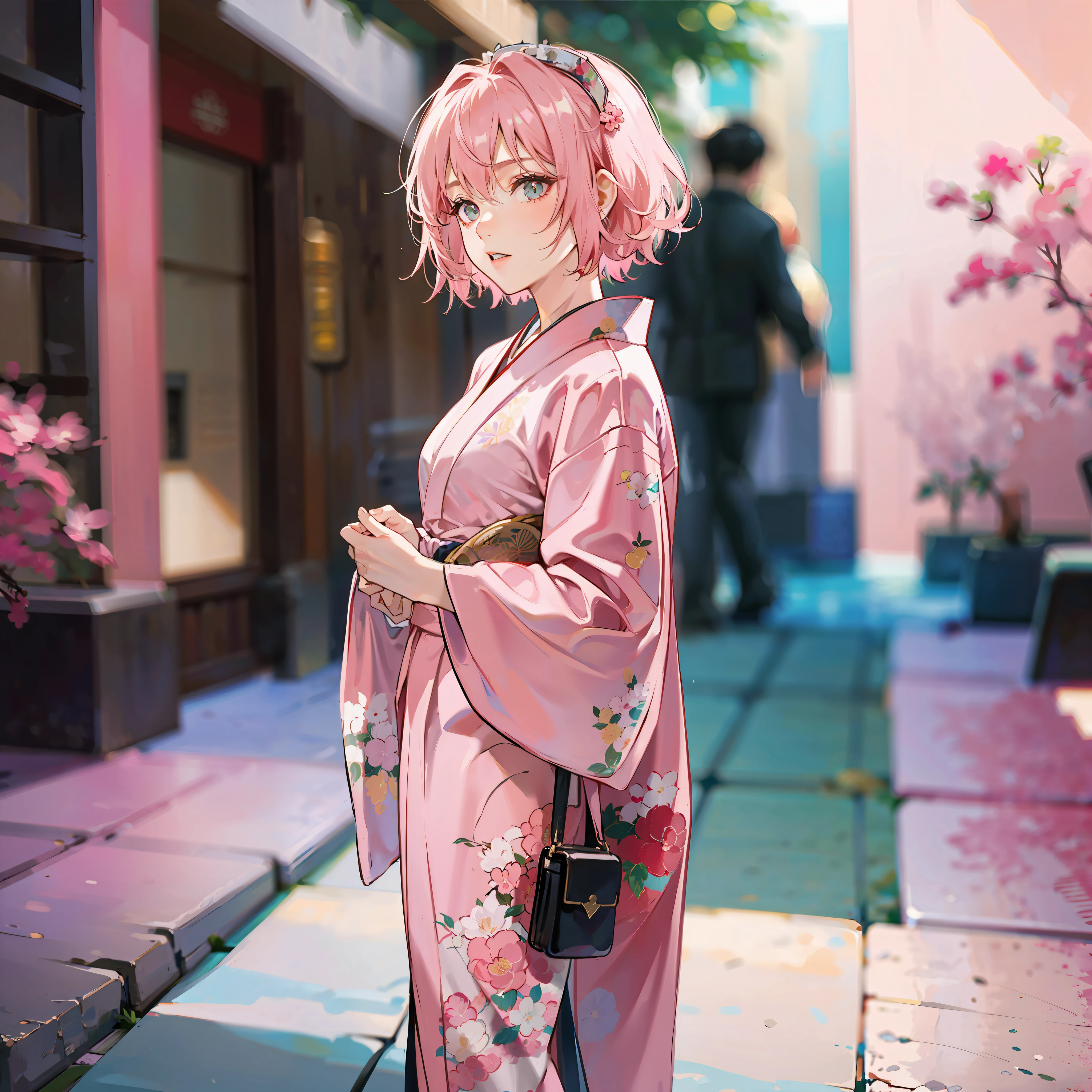 Female, short hair, pink Bob head, pink kimono, JK --auto --s2