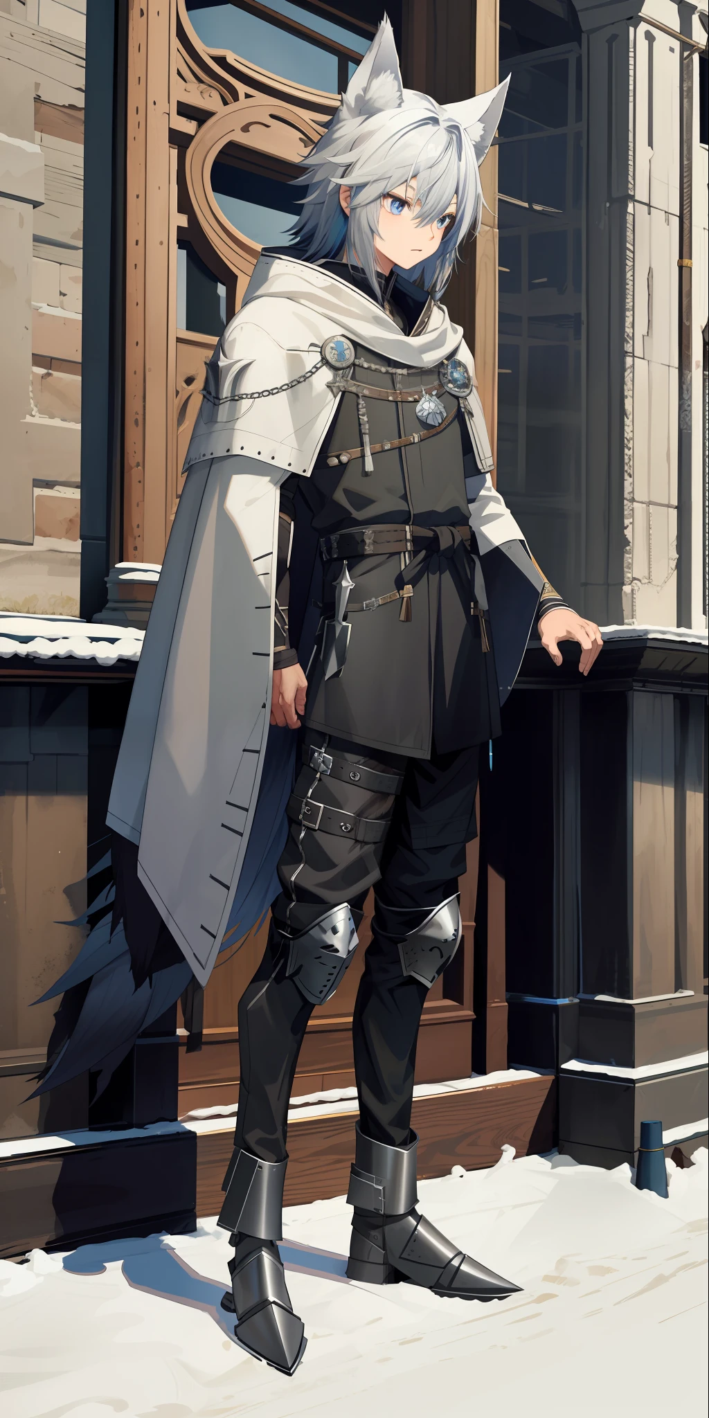 Siberian husky, toned, gray hair, thin, bright blue eyes, HD, vibrant, masterpiece, full body vision, wolf ears, wolf tail, knight's robes, iron half mask, dead expression, black baggy pants, black black boots, dirty, torn armor and clothes