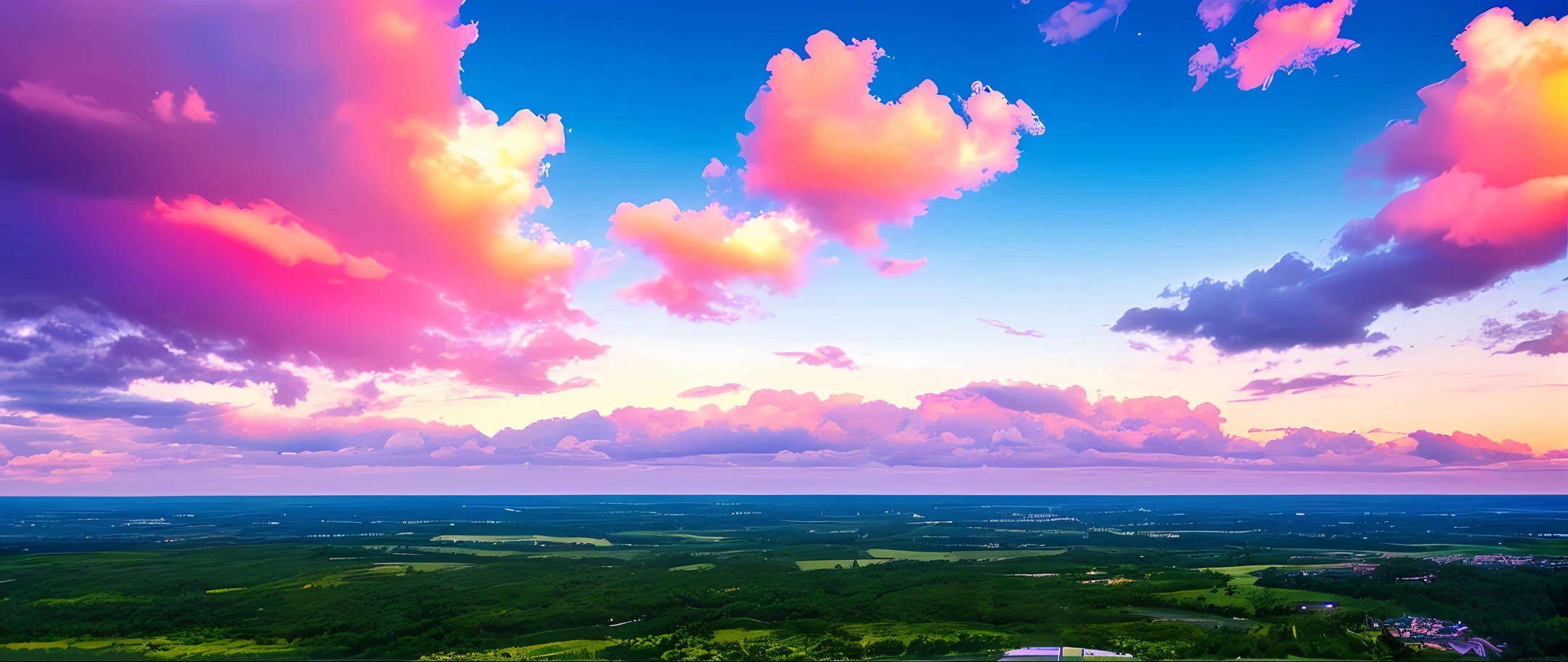 Rainbow pastel clouds, puffy, high definition, sunset sky, cloud kingdom, white castle in the distance, fantasy,
