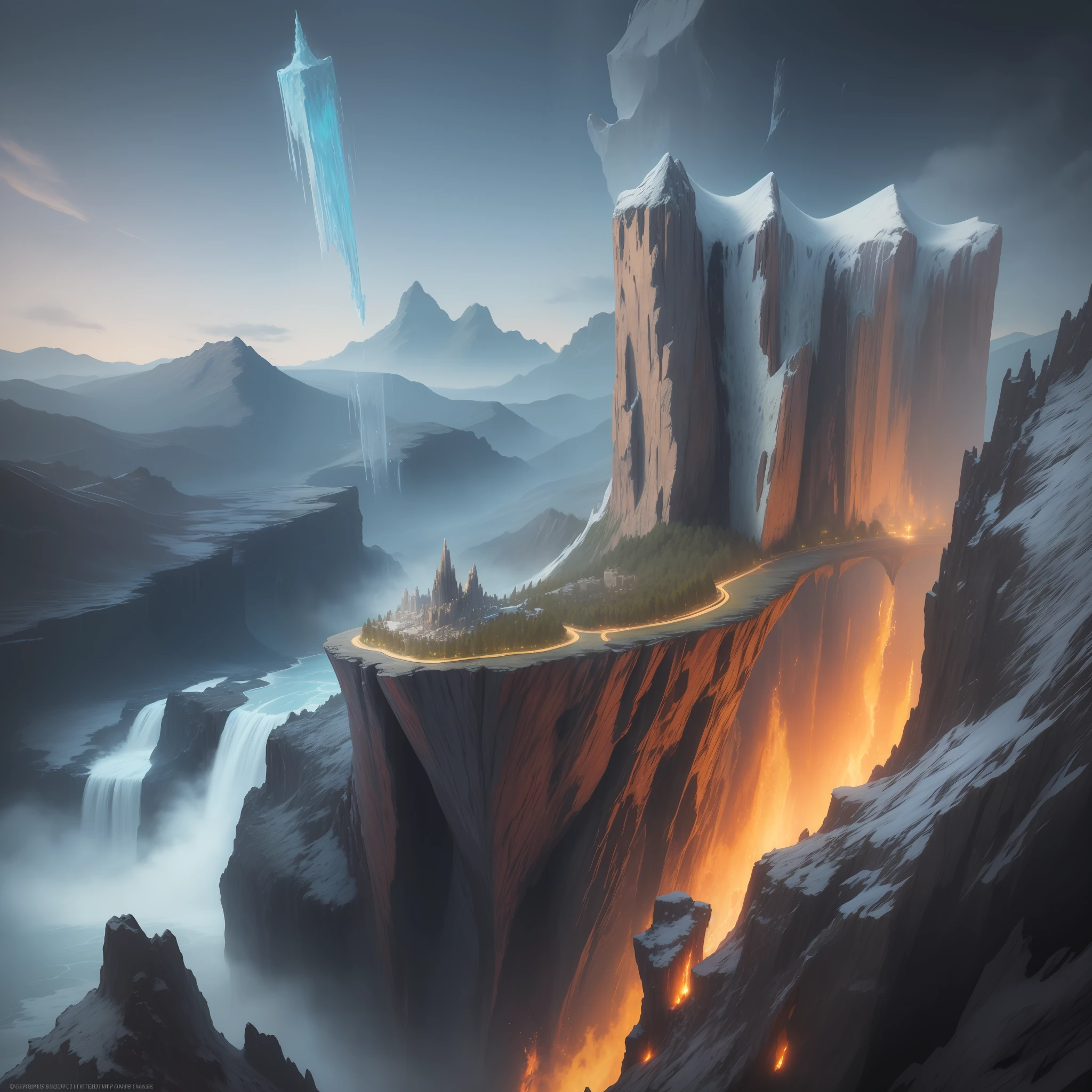 Masterpiece, Realistic fantasy, detail, realism, computer clarity, 8kk, cliff, fiery waterfall, frozen lava, glass bridge, wind (high ultra-clarity, detail of nature), in the rock city (ultra-high detail of the city), (glass high-rise buildings), streets, many people --auto --s2