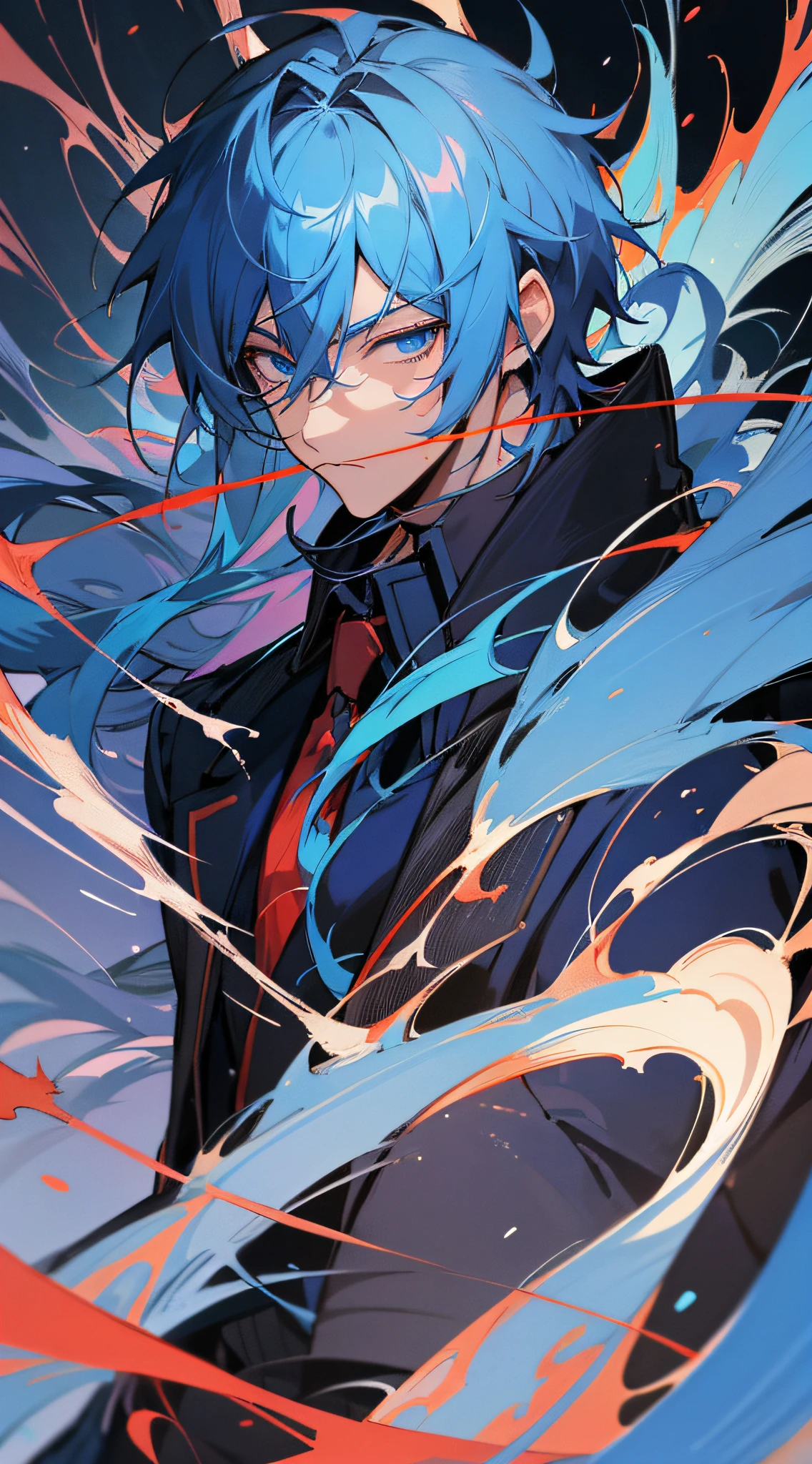 Anime boy, blue hair and red tie, black jacket, blue eyes, handsome eyes, anime art with fine details, Masamune Shiro, young anime man, detailed Hajime Yatatate character design, Fus Rei brush strokes, night core scene, moe anime style. --auto --s2