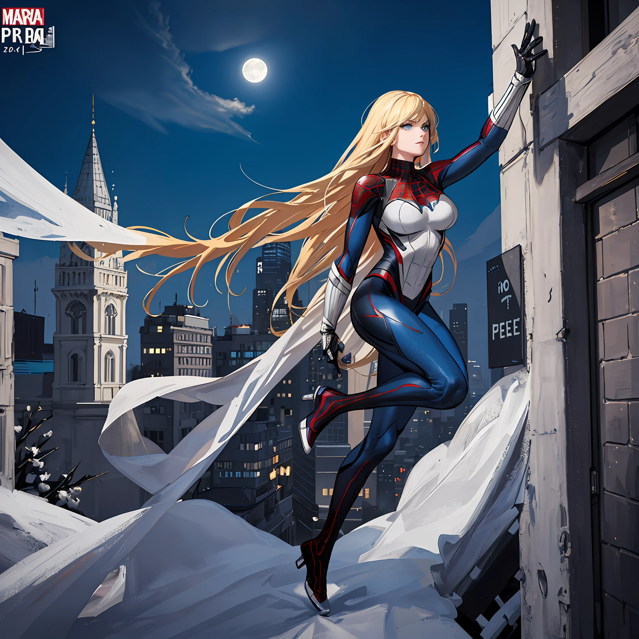 (Masterpiece, 4k resolution, ultra-realistic, very detailed), (White superhero theme, charismatic, there's a girl on top of town, wearing Absolute Comics white widow costume, she's a superhero), [ ((25 years), (long blonde hair:1.2), full body, (blue eyes:1.2), ((Spider-Man pose),show of strength, jump from one building to another), ((urban environment):0.8)| (cityscape, at night, dynamic lights), (full moon))] # Explanation: The Prompt mainly describes a 4K painting of ultra-high definition, very realistic, very detailed. It shows a superheroine at the top of the city, wearing a white widow costume from Absolute Comics The theme in the painting is a white superhero theme, the female protagonist has long blonde hair is 25 years old and her entire body is shown in the painting. In terms of portraying the actions of superheroines, spiders are slaves, black symbiotic details