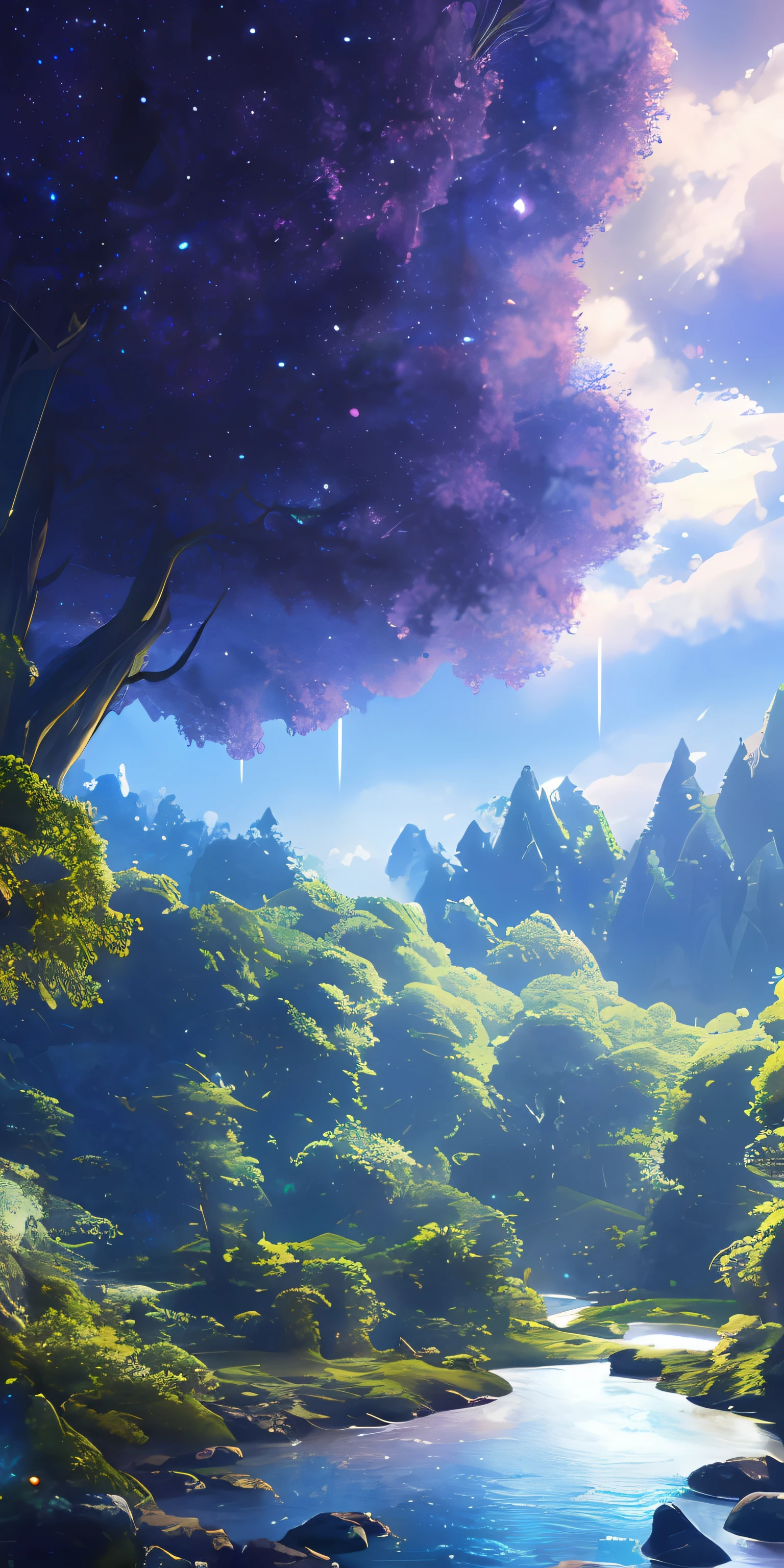 Illustration of a hyperrealistic , otherworldly, ultrasky scene featuring a giant crystal tree full body,very detailed and magical lighting, intricate forest details, vegetation and river around, solarpunk ,landscape, giant tree, beatifull leafy with beautiful lighting and realistic proportions, as if it were a cinematic background, 8k, highest quality, masterpiece, clouds and stars in the sky.