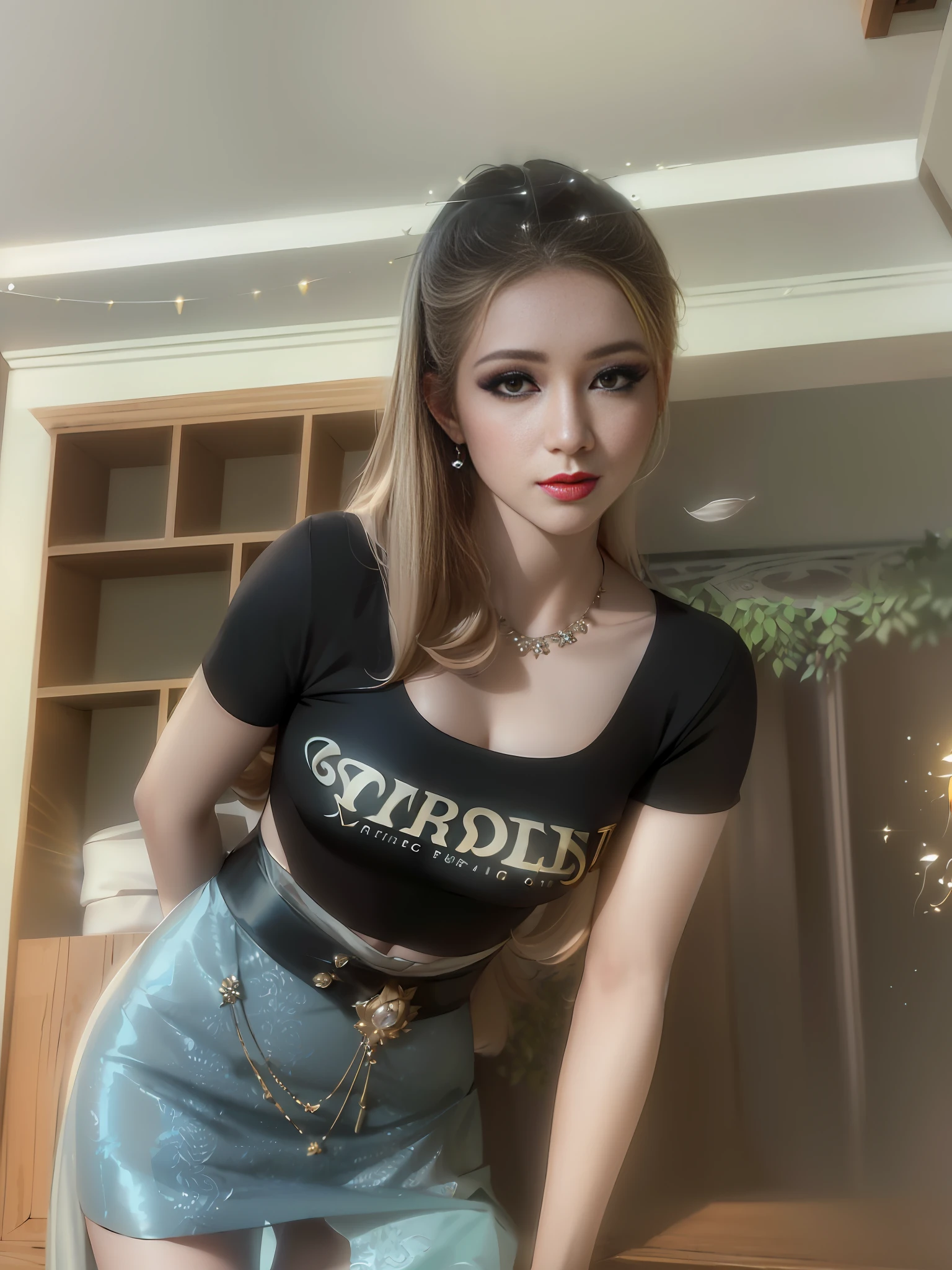 Best Quality Details, 8K UHD, HD, Ultra Detail, High Quality Detail Texture, ((Perfect Female Figure)), High Quality Shadows, Detailed Beautiful and Delicate Face, Detailed Beautiful Delicate Eyes, Perspective, Only One Person, (, Breasts Out), (Indoor + Dark Atmosphere + Chinese Courtyard + Pond + Gazebo + Peace + Bridges + Trees), Perfect Body, Thin Waist, Wide Buttocks, ((Red Eyes)), (Platinum Blonde), (White and red armor dress: 1.4), hair stick, sexy pose, hairpin, hair accessories, faint smile, cute face, slender face, fair skin, glowing eyes, glossy lips, bags_under_eyes, pale pink lips, beautiful eyes, eyelashes, thin lips, (noble girl), eye shadow, makeup, eyeliner, perfect face, shawl, feathers, detailed clothes, (rich: 1.4), prestige, gorgeous, luxurious, lace, lace decoration, royal palace, jewelry, gemstones , gold, silver, diamond, sparkle, sapphire, ruby, emerald, pearl, amber, obsidian, jewelry, gemstone, sparkling, beautiful, gorgeous, glamorous, charming, gothic, fantasy, sacred, clean, rich, prestige, fantastic, supreme, apex, paramount, goddess, lace, lace decoration, delicate pattern, shiny skin, blonde, royal, super idol face, messy hair, perfect lighting, (detailed lighting), (under exquisite and beautiful), dramatic_shadow, ray_tracing, masterpiece, the best quality, extremely beautiful reflections, the best reflections. (Very detailed CG unity 8k wallpaper), (best quality), (best illustration), (best shadow), forest theme with natural elements. Tall trees, quiet streams, glowing small mushrooms, surrounded by delicate leaves and branches, and fireflies and glowing particle effects, (natural elements), (jungle theme), (leaves), (branches), (fireflies), butterflies, (delicate leaves), (glow), (particle effects). , isometric 3D, Octane rendering, ray tracing, super detailed