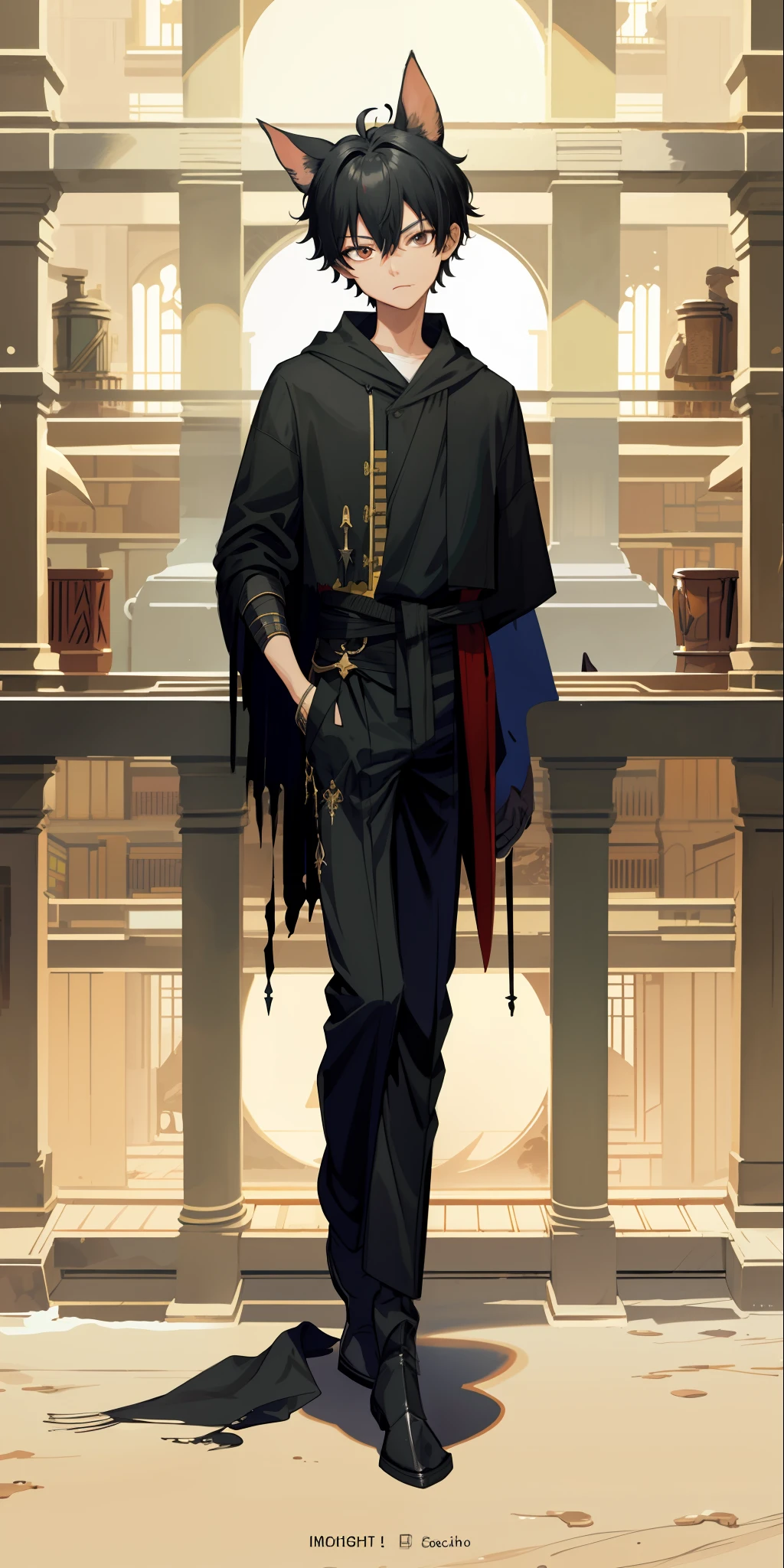 Pinscher, toned, black hair, thin, bright black eyes, HD, vibrant, masterpiece, full body vision, pinscher ears, pinsche tail, knight's robes, iron half mask, dead expression, black baggy pants, black black boots, dirty, torn armor and clothes,background of a university library