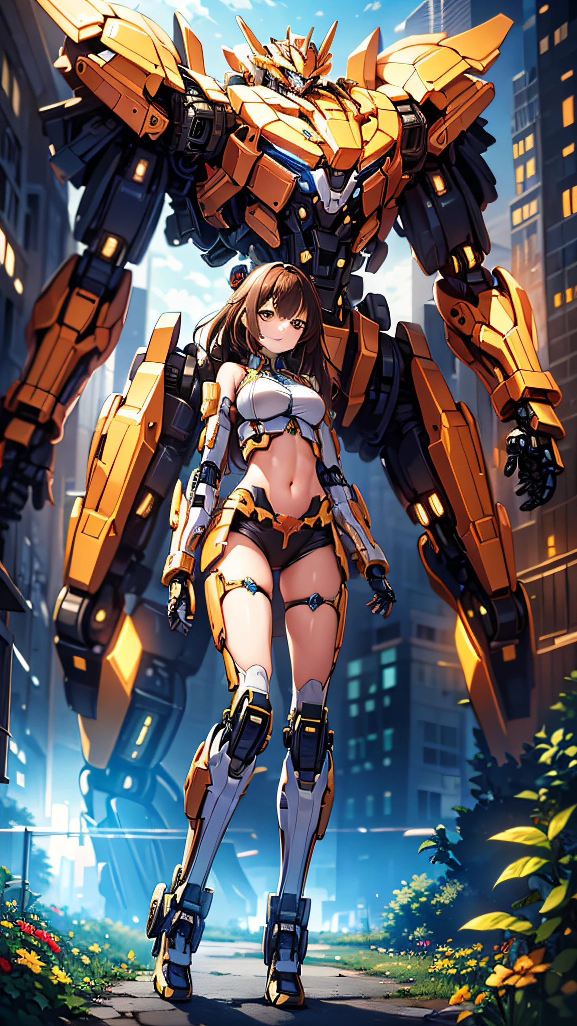 ((Masterpiece, Best Quality)), illustration, ultra-detailed 8K, realistic, clear focus, highly detailed, professional lighting, colorful details, rainbow colors BREAK factory super long shot, (1 large mechanical robot), microchip, computer, luminescence, intricate details, shitu-mecha, 1girl downscale standing in front of the viewer, navel