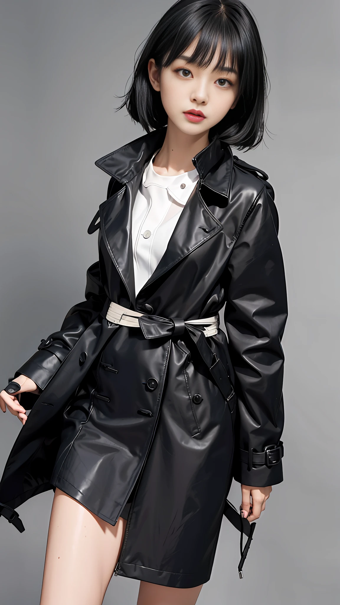 araffe asian woman in a black trench coat posing for a picture, glossy from rain, wearing black leather trenchcoat, she is wearing a wet coat, trench coat with many pockets, trenchcoat, trench coat, he is wearing a black trenchcoat, wearing a leather trench coat, woman is in a trenchcoat, wearing trenchcoat