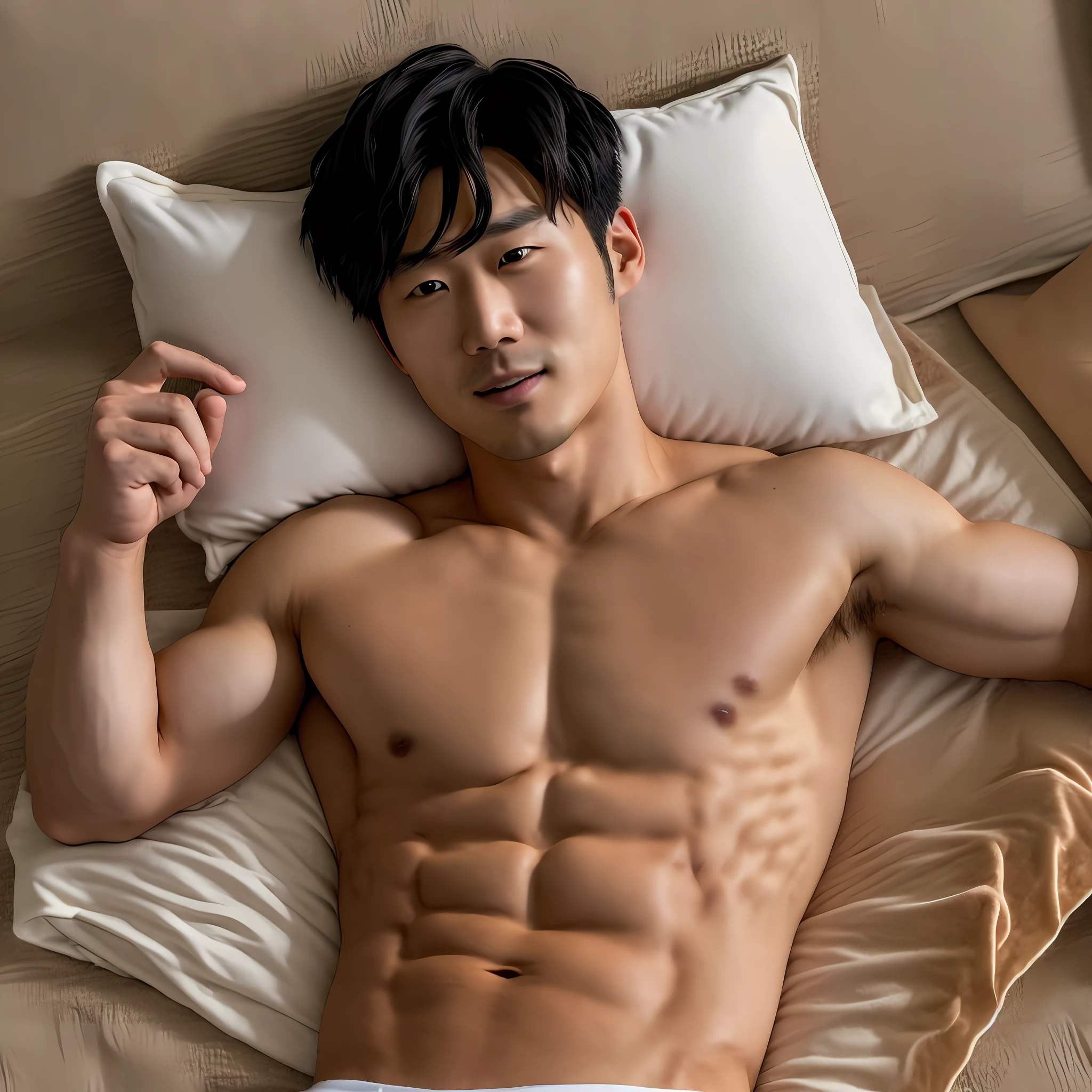 ((28 year old Korean man,Mr. Kim)).shirtless.charming.most beautiful man in the world perfect.super realistic.korean drama scene.movie actor.lying in a hotel room. Smiling.