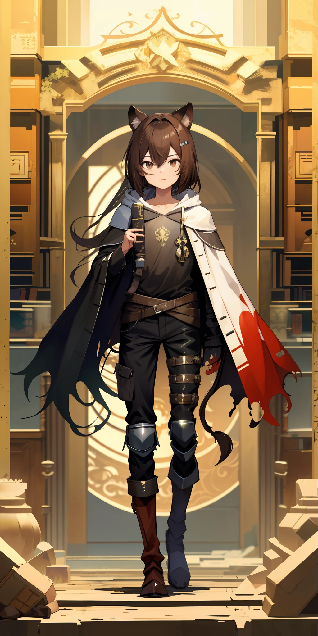 Chow Chow, toned, brown hair, thin, bright black eyes, HD, vibrant, masterpiece, full body vision, Chow's ears, chow's tail, knight's robes, iron half mask, dead expression, black baggy pants, black iron boots, dirty, torn armor and clothes,a library