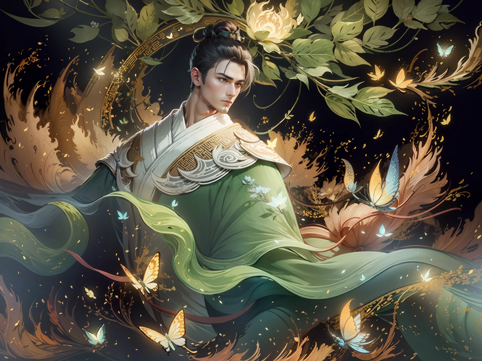 Masterpiece, best quality, (((a handsome male)))), ancient Chinese Han robe, majestic domineering, tall and slender figure, phoenix eyes, dragon lin, sunshine, clear face, masterpiece, super detail, movie composition, ultra hd, high quality, extremely detailed, official art, uniform 8k wallpaper, super detail, (very detailed CG unity 8k wallpaper), (best quality), (best illustration), (best shadow), UI interface border design with natural elements forest theme. Avatar frame designed as round, surrounded by delicate leaves and branches, with fireflies and glowing particle effects, (UI interface box design), (natural elements), (jungle theme), (square), (leaves), (branches), (fireflies), butterflies, (delicate leaves), (glow), (particle effects), isometric 3D, Octane rendering, ray tracing, super detailed