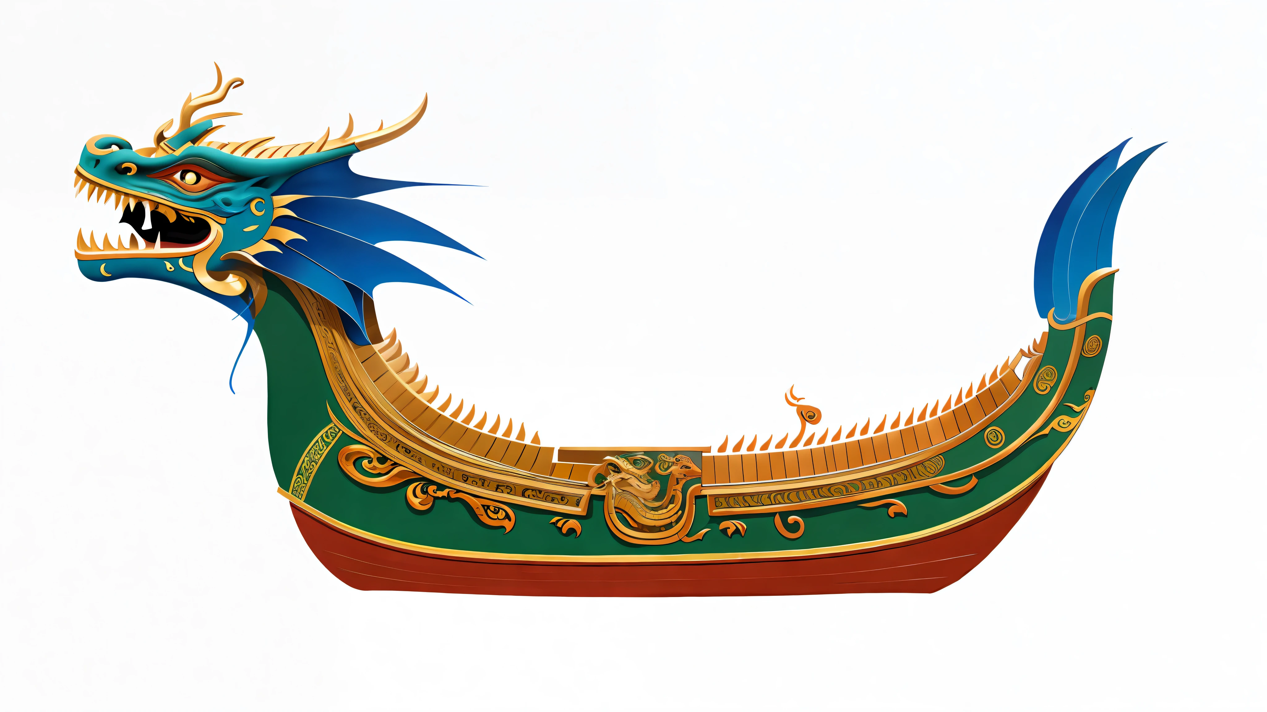 The boat has a dragon head, green body, nagas, feathered serpent, side view, boat, naga-tirr, naga-hakash, trireme, canoe, no background, side view, side view, fantasy. Gondola boat, viewed from the side, the Chinese dragon, the great mysterious Chinese dragon, side view with intricate details --auto --s2