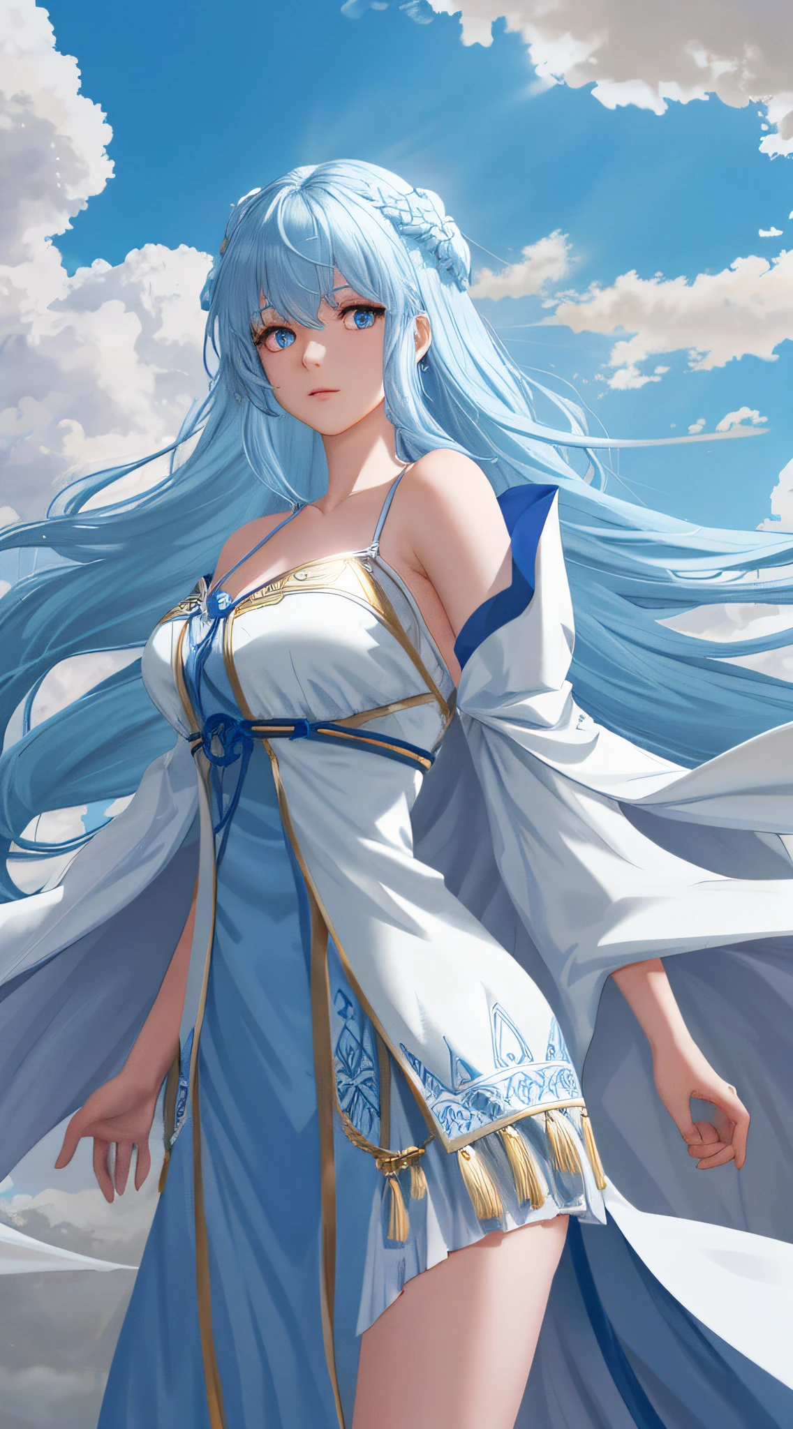 anime, 1girl, solo, large beasts, white greek robe, detailed pattern, detailed clothing, bare shoulder, thighs, light blue hair, shining eyes, eyes shadow, lip, wind, cowboy shot, perfact female figure, standing, detailed background, blue sky, clouds