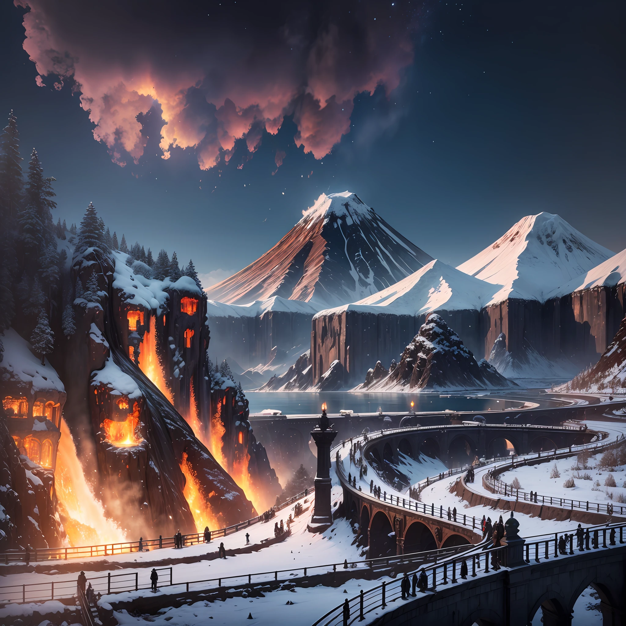 Realistic fantasy, detail, realism, computer clarity, 8kk, dormant volcano, (ultra-high volcano detail), fire waterfall, frozen lava, soot shore, glass bridge, wind (high ultra-clarity, nature detail), rock city (ultra-high city detail), (glass high-rise buildings), streets, glass dome, many people --auto --s2
