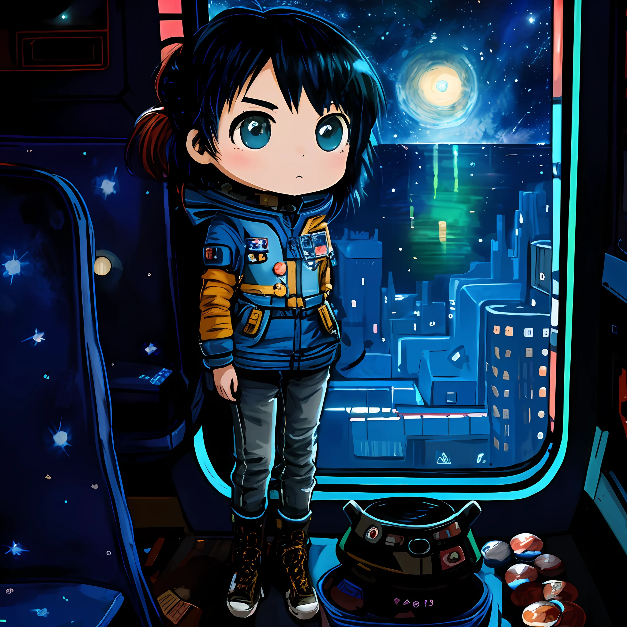 anime girl standing in a train looking out the window at the night, portrait anime space cadet girl, girl in space, on a spaceship, in a space station, in a spaceship, cute detailed digital art, space molly, sitting sad in spaceship, in front of space station window, on a space station, female explorer mini cute girl, advanced digital chibi art