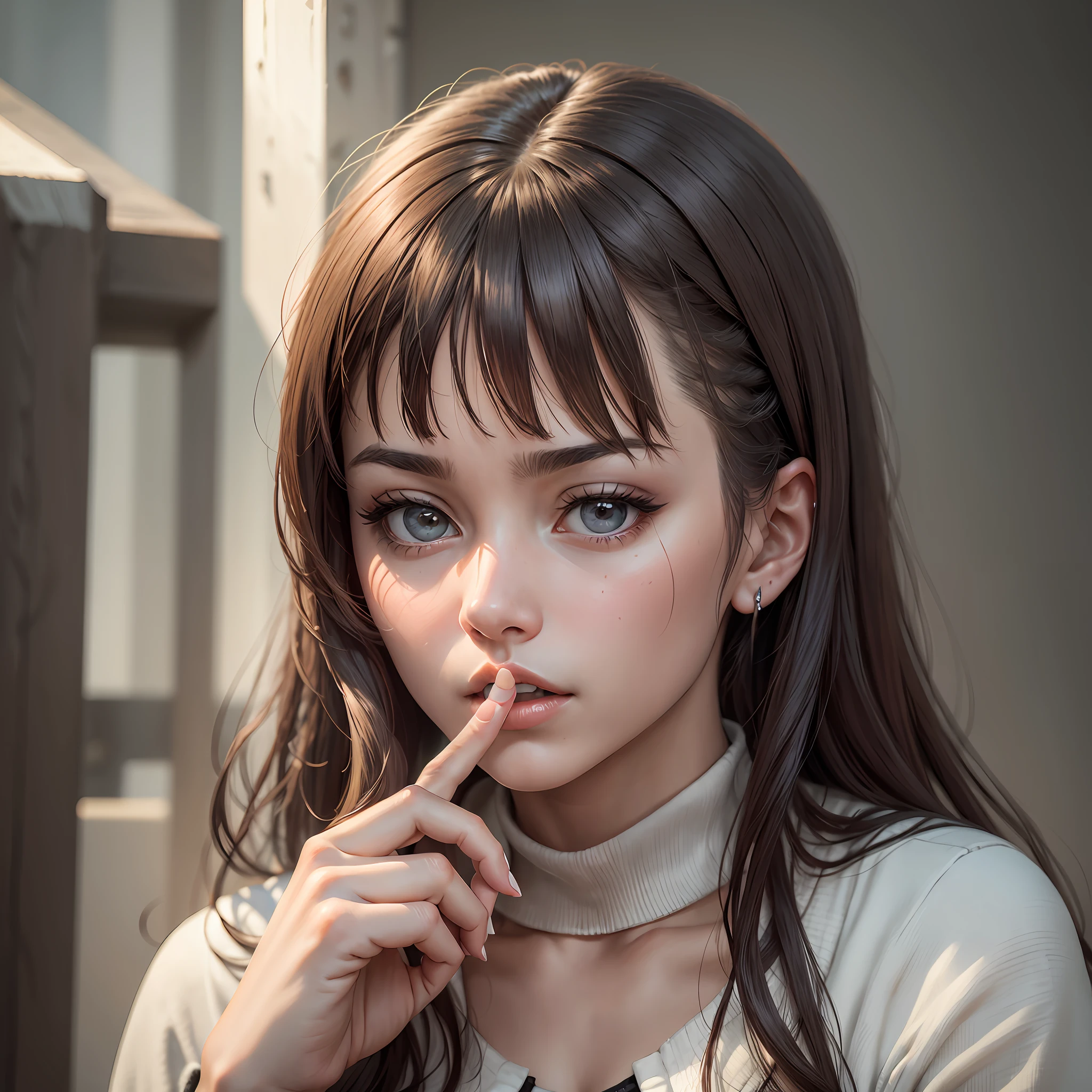 a woman asking for silence with 1 finger covering her mouth up close to her nose. Her lips are beak-shaped. --auto --s2