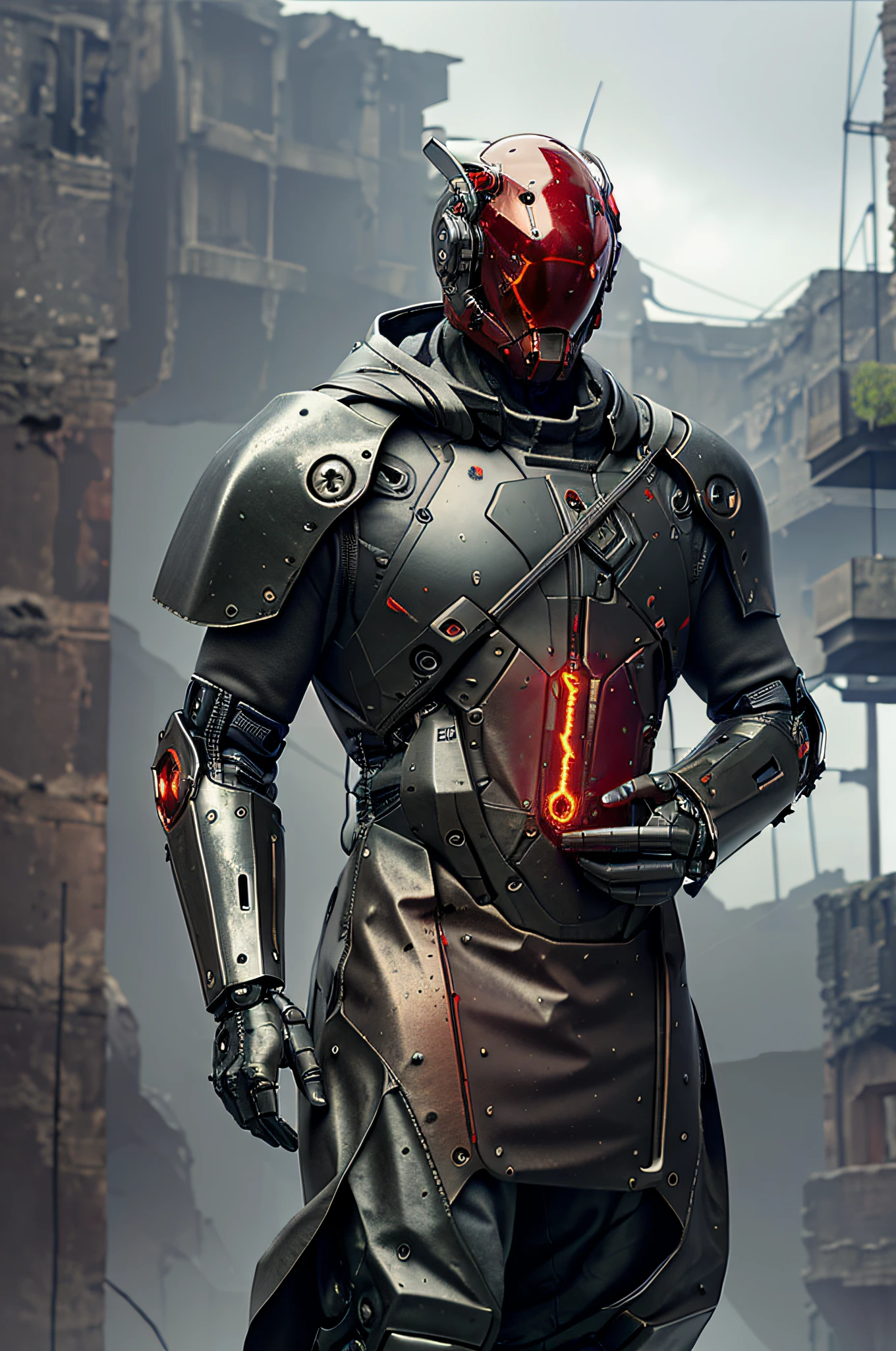 (rainy day:1.3), dark theme, dark clouds, thunder and lightning, realistic, complex 3d render ultra detailed, best quality, masterpiece, ultra high res, cowboy shot, (photorealistic:1.4), raw photo, official art, Complex background, absurdres, vague, Atmospheric, dynamic angle, ((Armed with both hands)), red glowing, cyberhelmet, giant mecha, robot, armor, mechanical arms, science fiction, no humans, (Wearing a tattered cloak), standing on the ruins of the old square after the radiation war, there are damaged buildings everywhere, smoke of gunpowder, war,