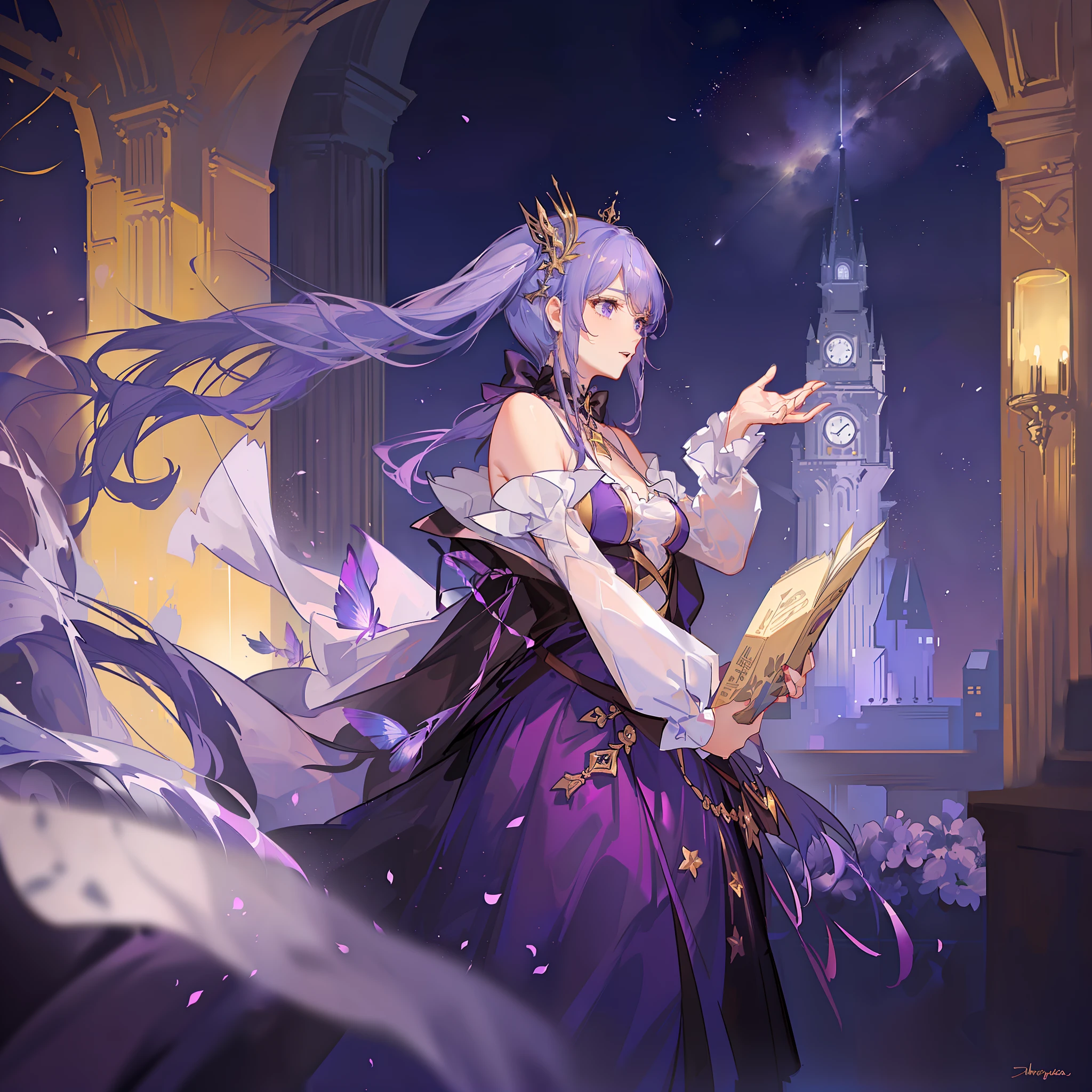 A magical city in purple and gold tones, a sky with stars