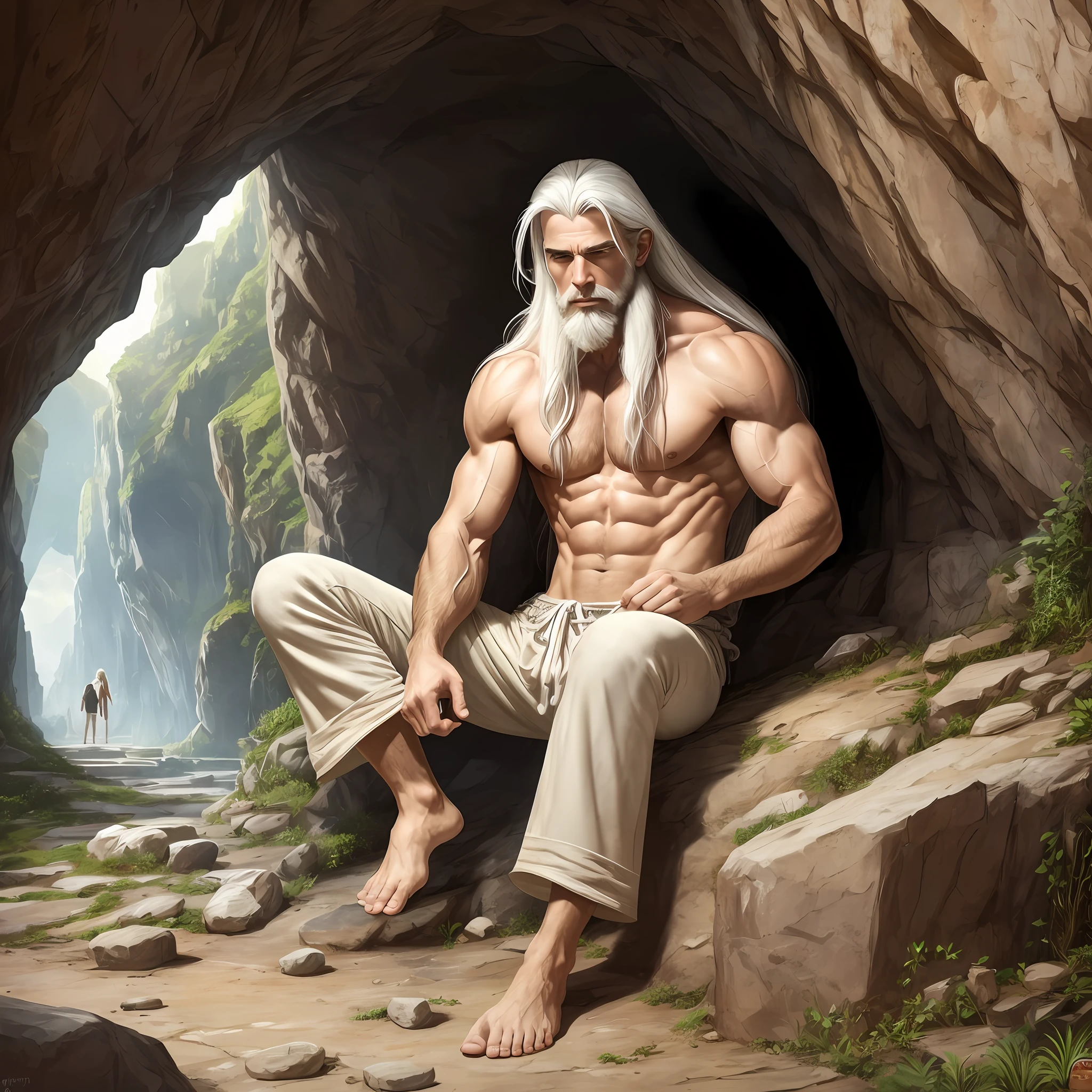 Tall muscular young boy, With long white hair and a small beard, wearing an old cloth pants, barefoot, hanging out at the entrance of a cave, Realistic, Full HD, best quality