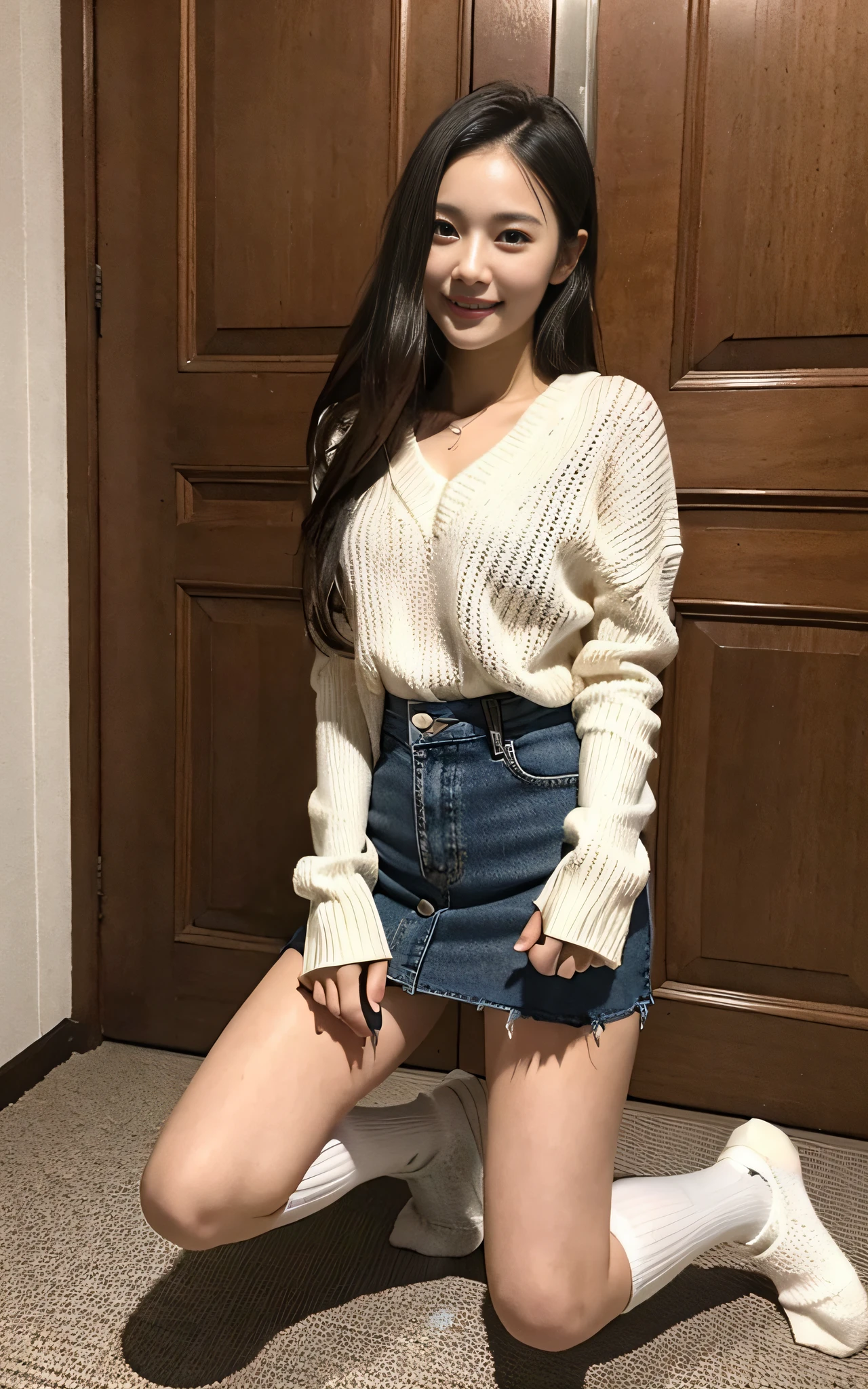 College Girl, 1 woman closeup, 35mm masterpiece, V-neck sweater, denim mini skirt, tight mini skirt, patterned socks, patterned high socks, high socks, smile, beautiful face, beautiful Japan woman, 19 years old, idol grade cuteness, full body shot, beautiful thighs, beautiful legs, beautiful college girl, super cute, kneeling out, squatting, kneeling, one knee down, looking from above, room, front door , inner thighs, seminar long hair, daytime, knee out, healthy inner thighs, narrow hallway, natural light