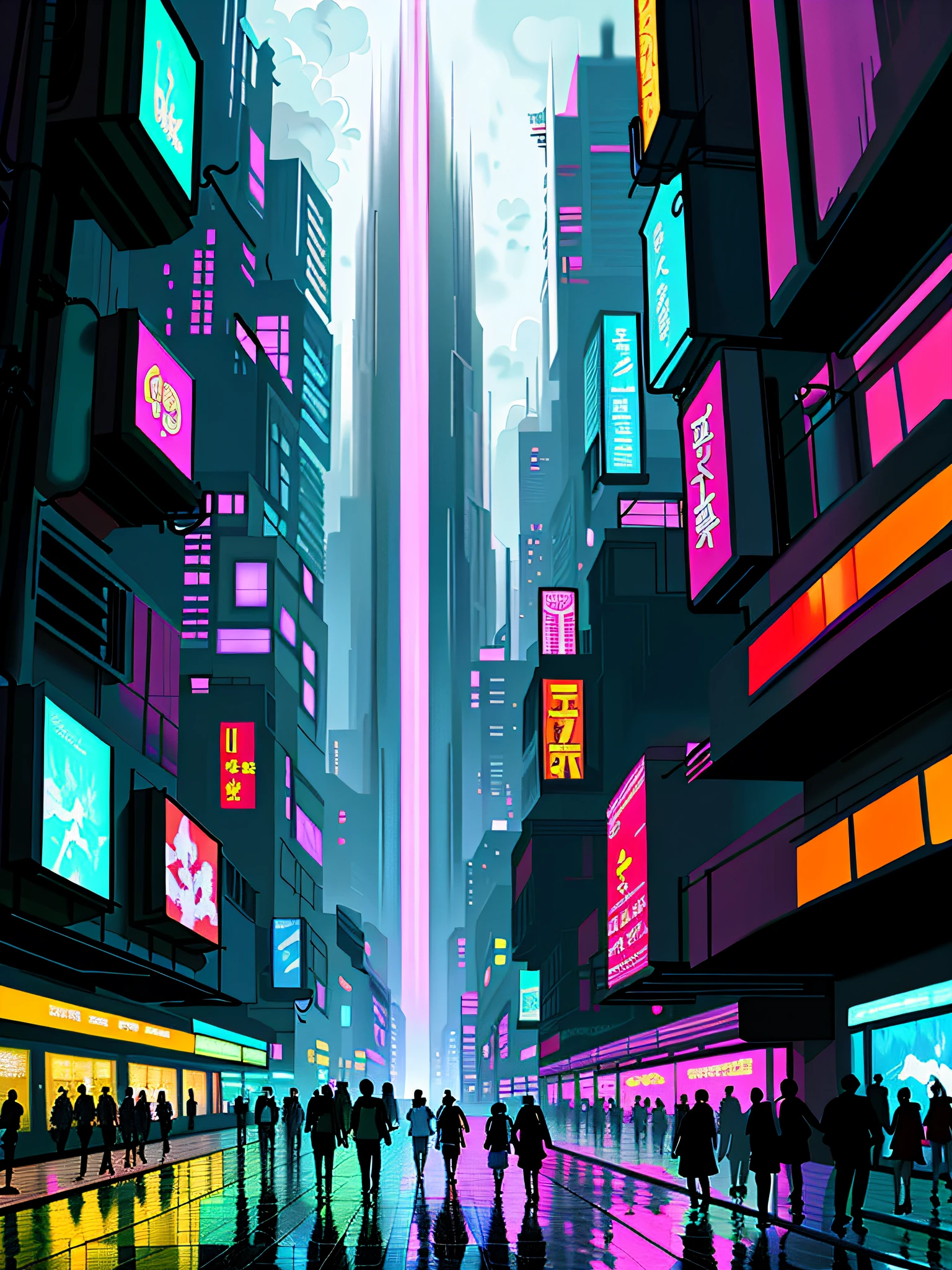 anime style digital art, brush strokes, painterly, impressionist style, half painted, Neo Babylon cyberpunk metropolis, neon accented futuristic architecture, high density buildings, people walking everywhere, intricate details, ethereal environment, hyper-detailed architecture