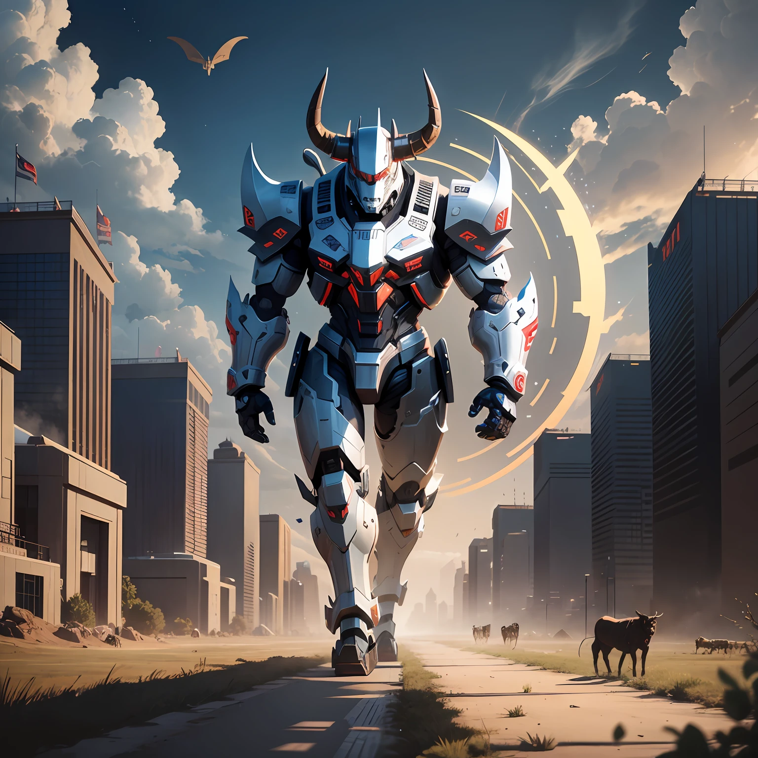 robot bull with a big horn, Black Bull Samurai, moon bull samurai, Animal Robot, mecha animal, futuristic robot devil, Bull, stylized cyberpunk minotaur logo, Minotaur in ancient armor, Minotaur of the Way of Exile, Minotaur, Transformers Movie Style Tech, Taurus, 2023 in the pasture with a herd of nelore --auto --s2