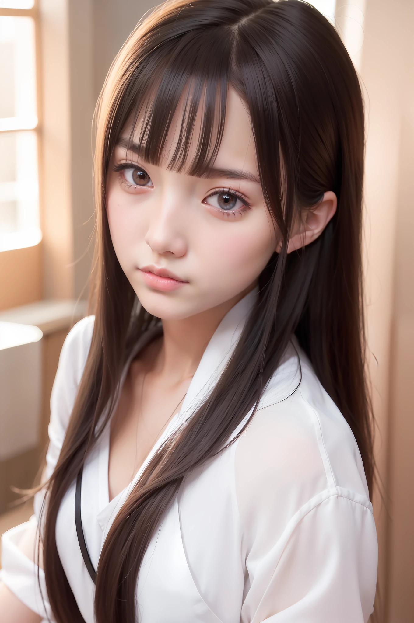 there is a woman with long hair and a white shirt, girl cute-fine-face, beautiful japanese girls face, cute natural anime face, young adorable korean face, kawaii realistic portrait, young cute wan asian face, sakimi chan, portrait cute-fine-face, anime girl in real life, photorealistic anime, with cute - fine - face