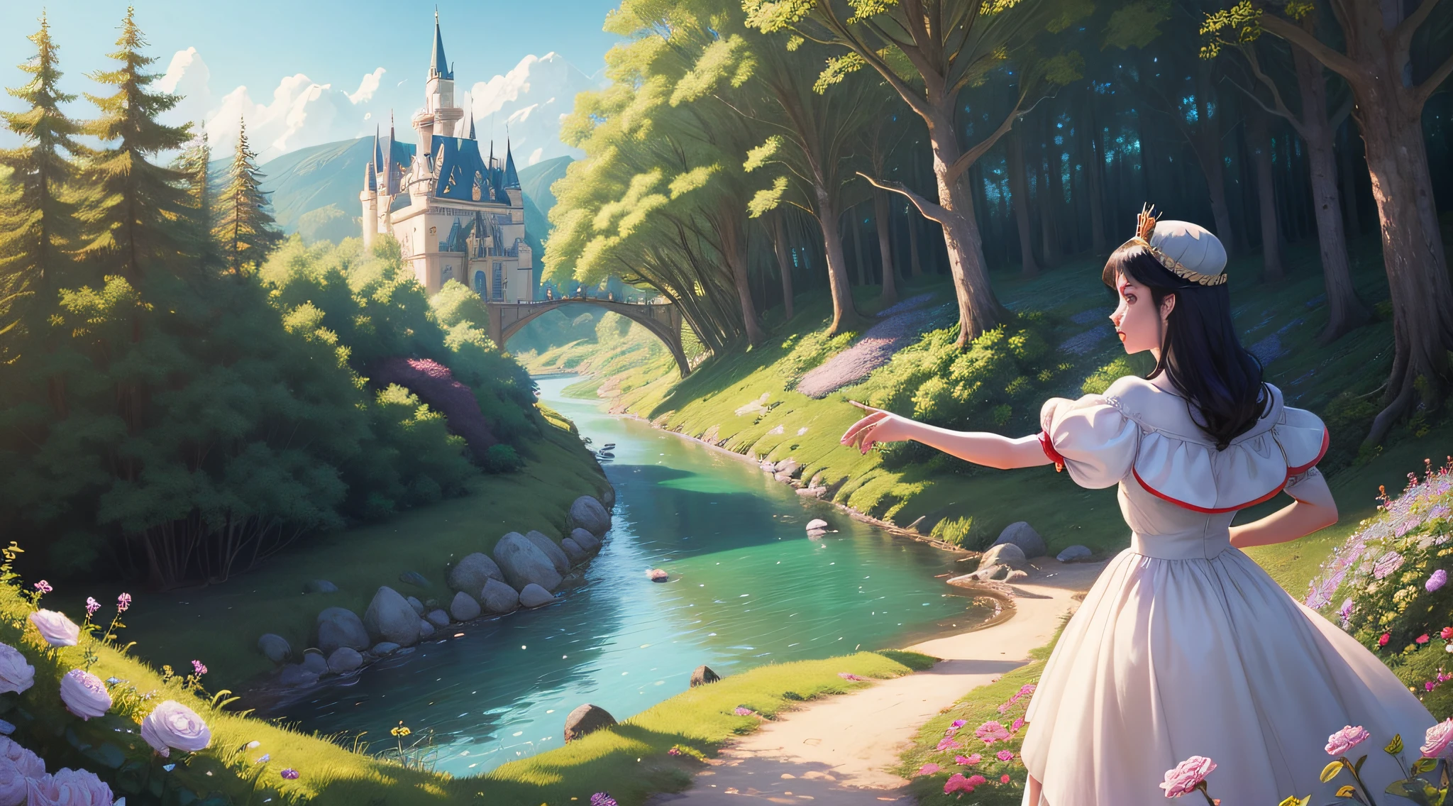 Snow White Disney Princess wearing a crown in the forest with many cute animals near her., dancing first-person view. Many flowers of various colors. A sunny day. with a river and a fairytale castle in the background. Walt Disney cartoon style., from above, from below, anime