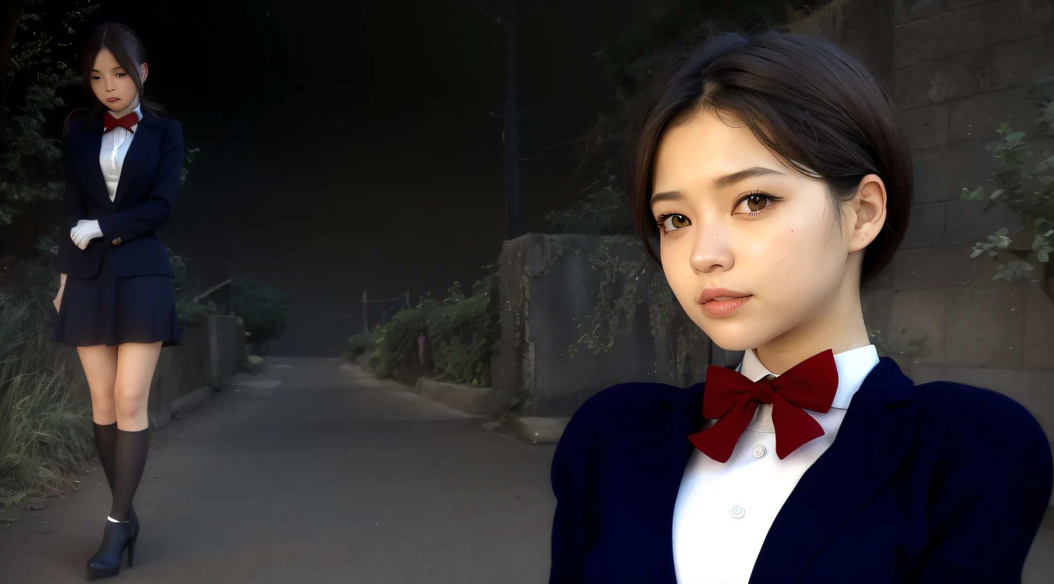Masterpiece, top quality, official art, highly detailed CG Unity 8K wallpaper, like a schoolgirl, very delicate and beautiful, ultra high resolution, (photorealistic: 1.4), golden hour lighting, (upper body), (platinum shorthair: 0.8), (puffy eyes), looking at the viewer, facing the front, smiling, JK skirt, white dress, Shirt Lift Long Black Hair