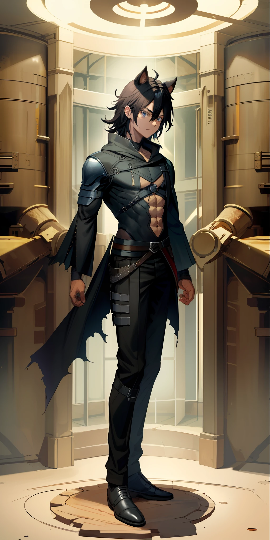 American Bully, toned, black hair with light and dark brown, thin, bright blue eyes, HD, vibrant, masterpiece, full body vision, American Bully ears light and dark brown, American Bully tail light and dark brown, knight's robes, half iron mask, dead expression, black baggy pants, black black boots, dirty, torn armor and clothes