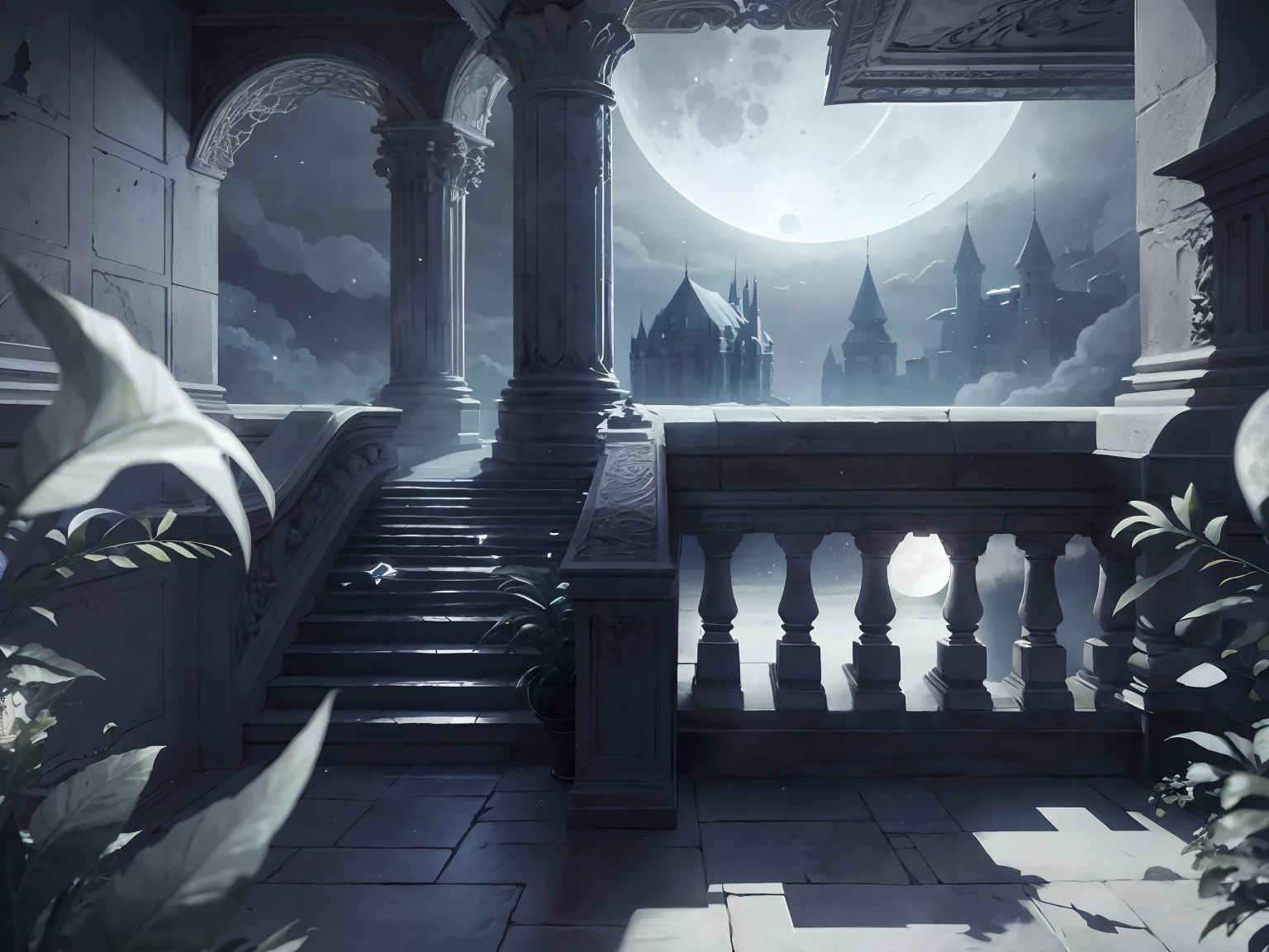 masterpiece, high quality, best quality, official art, beautiful and aesthetic, extremely detailed, Close-up of balcony with columns and full moon view, moon background, moonlight background, moonlit night, dreamy atmosphere, stunning arcanum background, gothic background, moonlit night, dark fantasy background, palace background, castle shadow background, atmospheric night, moonlit night, background artwork, night background