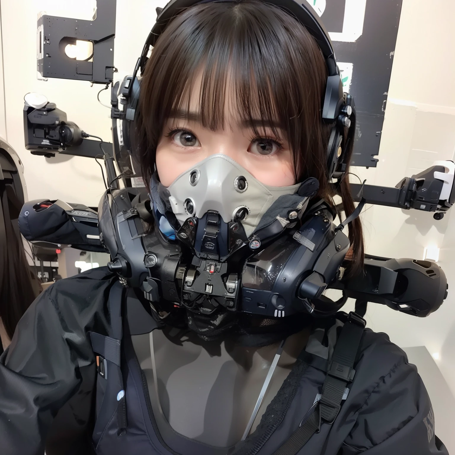 portrait photo of a 20 y.o girl, (wearing a navy blue full coverage VR - techpunkmask with smallish antenna), solo, single focal, brown hair, brown eyes, small head, fashion girl, beautiful eyes, real face, real skin, real face, realistic skin, detailed eyes, mint lace cami, fashionable hairstyle: 1.3 Dynamic poses, viewers, detailed face and chest look, top quality, realistic, realistic, very detailed, very delicate and beautiful, professional lighting, face lighting, depth of field,
