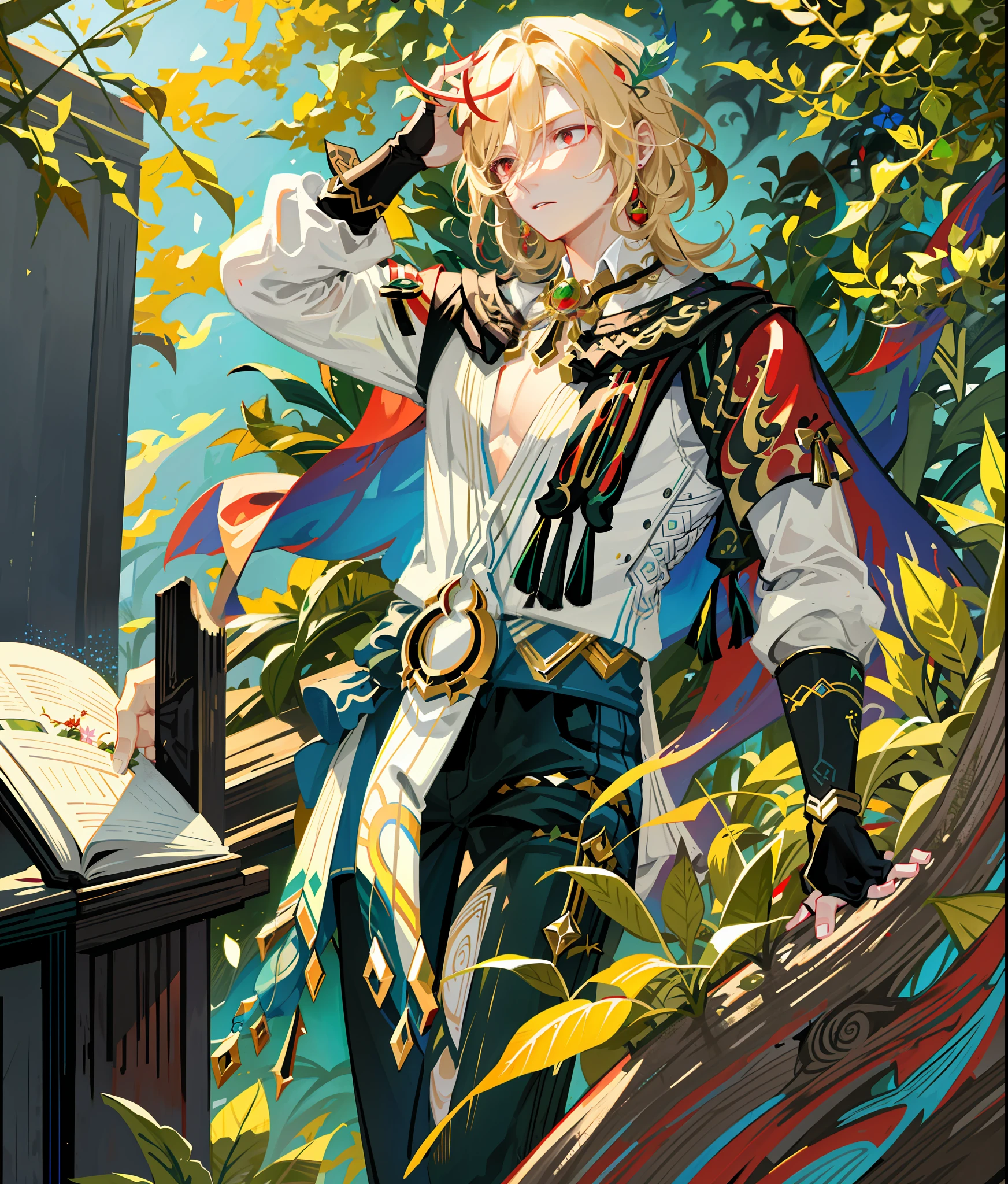 best quality, masterpiece, highres, 1boy,male,solo, mature male, blond hair, red eyes, green fractal swirls around him, green fractal background, plants, leaf, nature magic