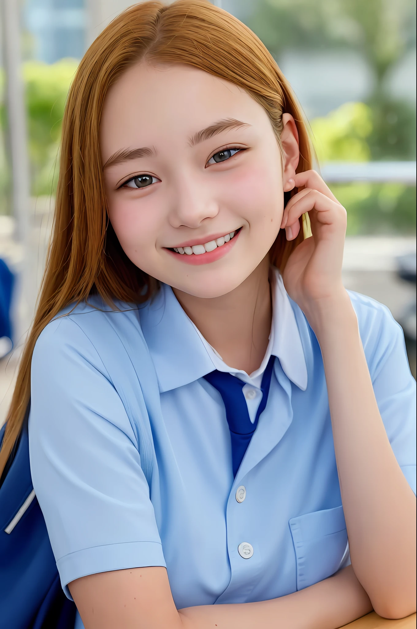 1 girl, beautiful face, 18 years old, smiling, looking viewer, school uniform, uniform, big, photo, realistic, best quality, adopted, detailed face, classroom, detailed background, diffuse lighting, depth of field, bokeh