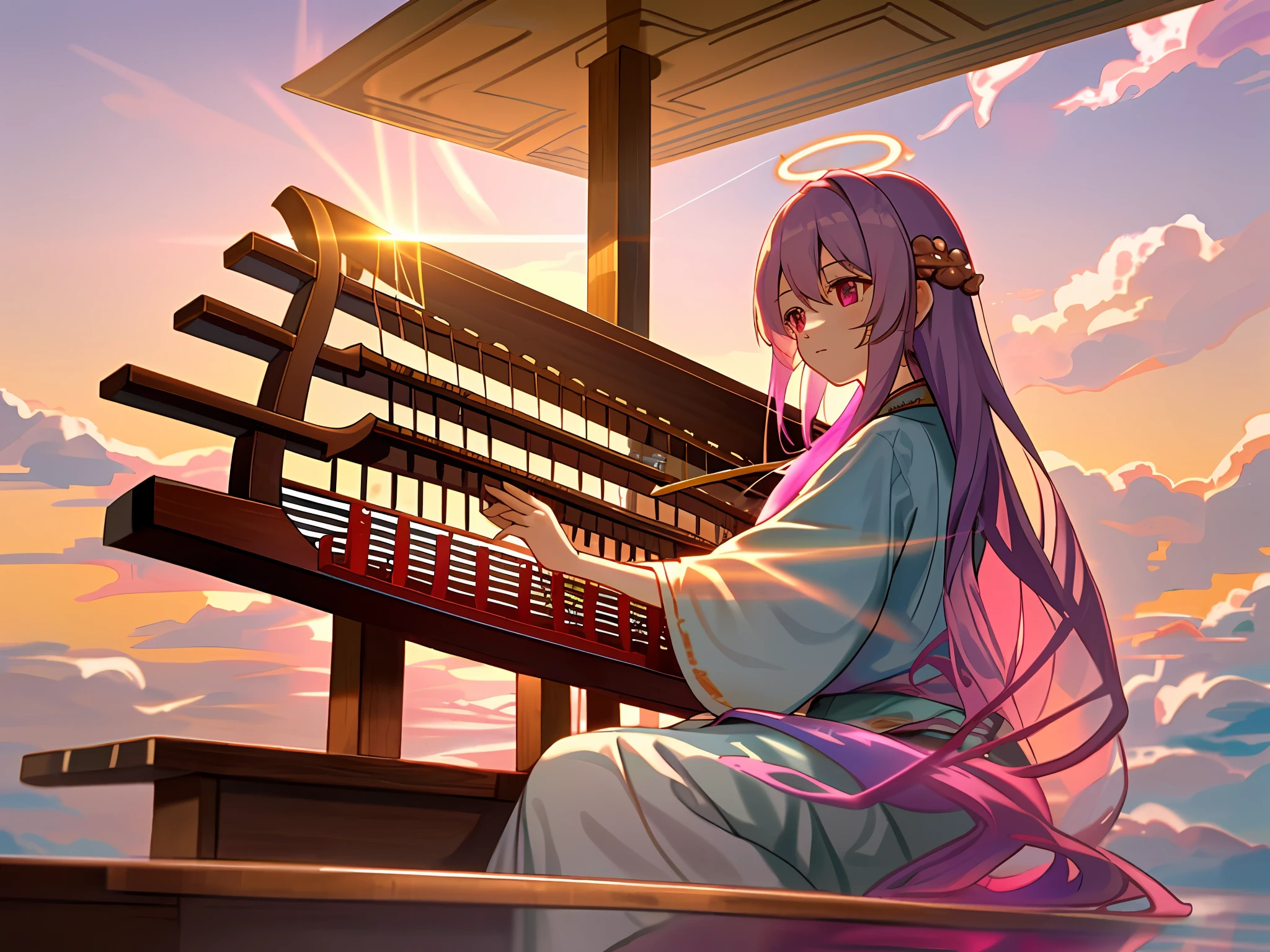 Sea of clouds, colorful clouds, guzheng, young girl, alone, fantastic long hair, blonde hair, purple hair tail, delicate and beautiful face, gentle expression, sitting by the guzheng, barefoot, halo around the side, bathing in sunlight, glowing pink eyes, transparent skirt