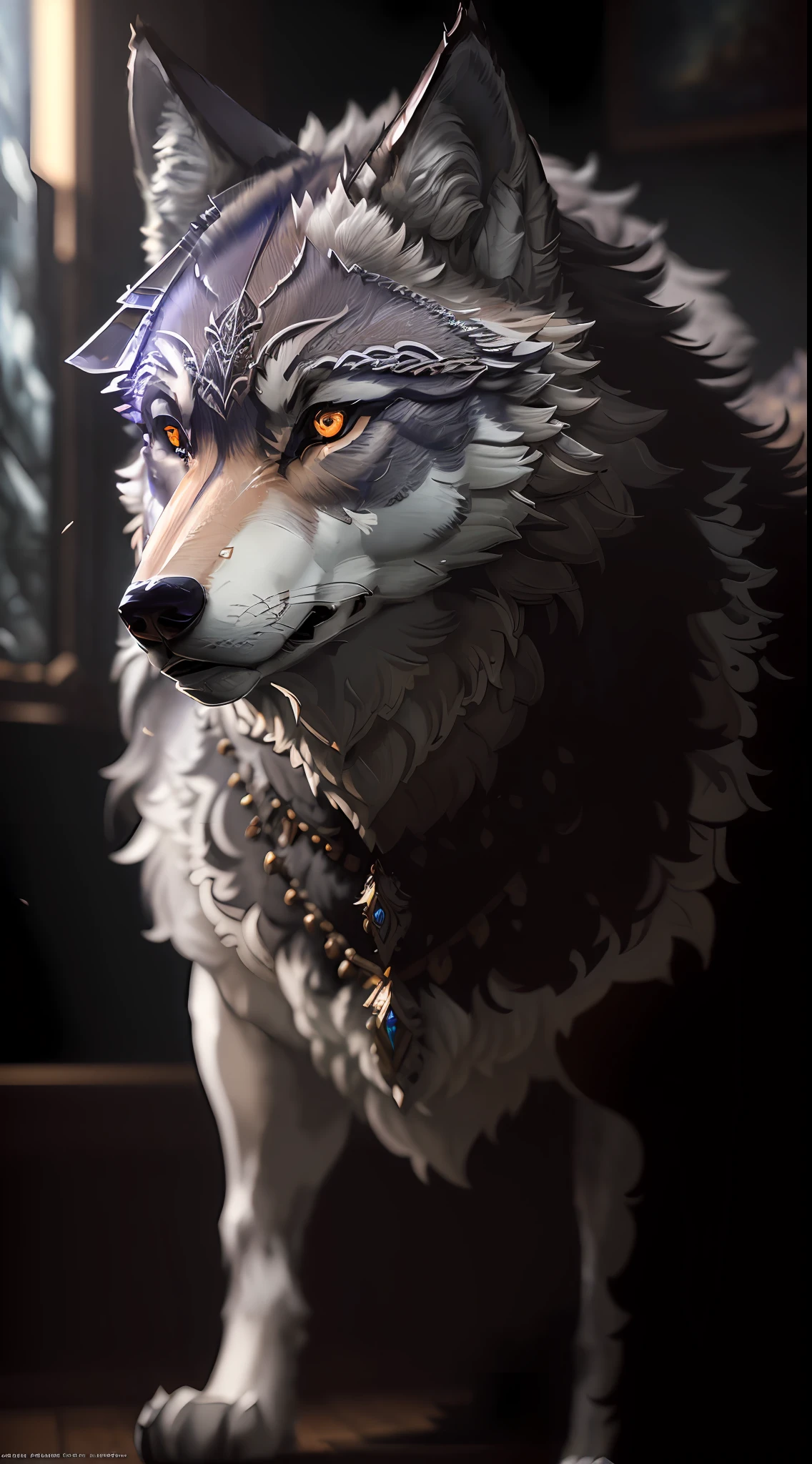Masterpiece, best quality, ((Beautifully detailed Wolf)) (very detailed CG Unity 8k wallpaper), professional majestic oil paintings by Ed Blinky, Athea Gaylan, Studio Ghibli, Jeremy Mann, Greg Manchessa, Antonio Moro, popular on ArtStation, trending Midjourney and Greg Rutkowski CGSociety, intricate, high detail, clear focus, dramatic, realistic painting