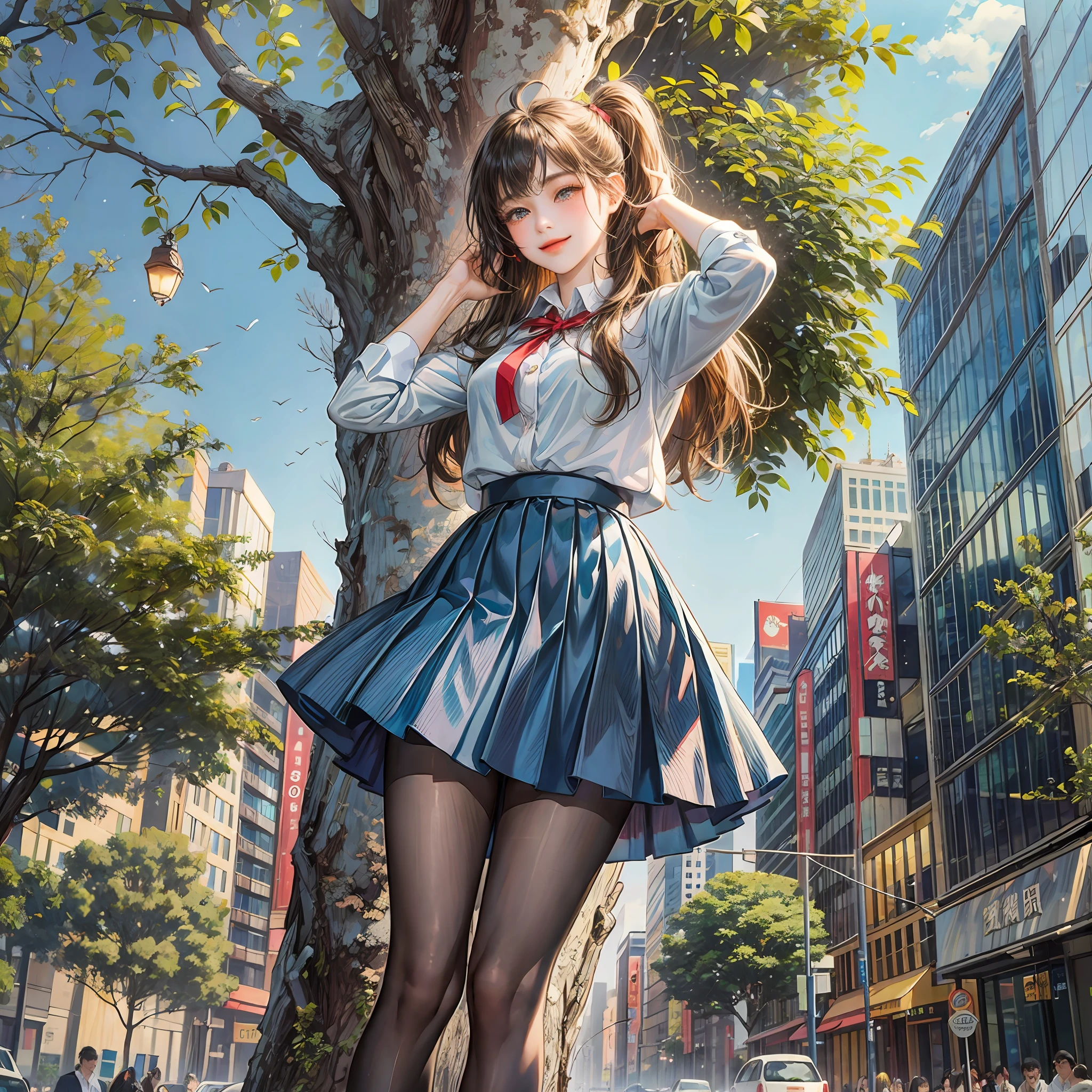 1girl, cowboy shot, straight head, arms behind head, arms up, hands in pockets, standing, bangs, looking at the audience, ahoge, long hair, blushing, (school uniform), blue shirt, layered skirt, blue skirt, (long skirt: 1.1), red ribbon, long sleeves, white trousers, pantyhose, brown uwabaki, smile, solo, naked tree, architecture, city, cityscape, daytime, outdoors, skyscraper, street, tokyo (city\), tree --auto --s2