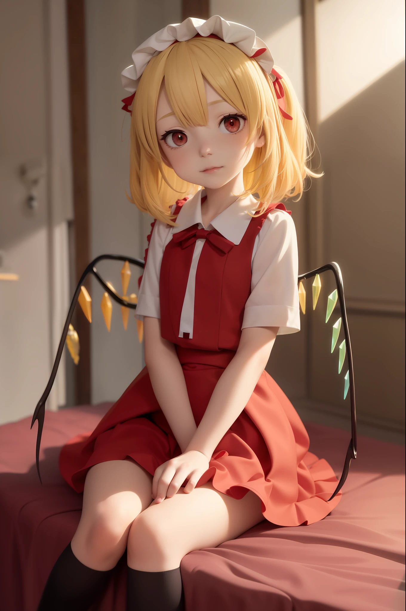 Oriental Project, Flandre Scarlet sitting on bed in JK uniform, hands crossed at waist, light yellow hair, warm lighting, blurred foreground, cute, loli, anime, 4k, with demon wings, shower cap, masterpiece, upper body