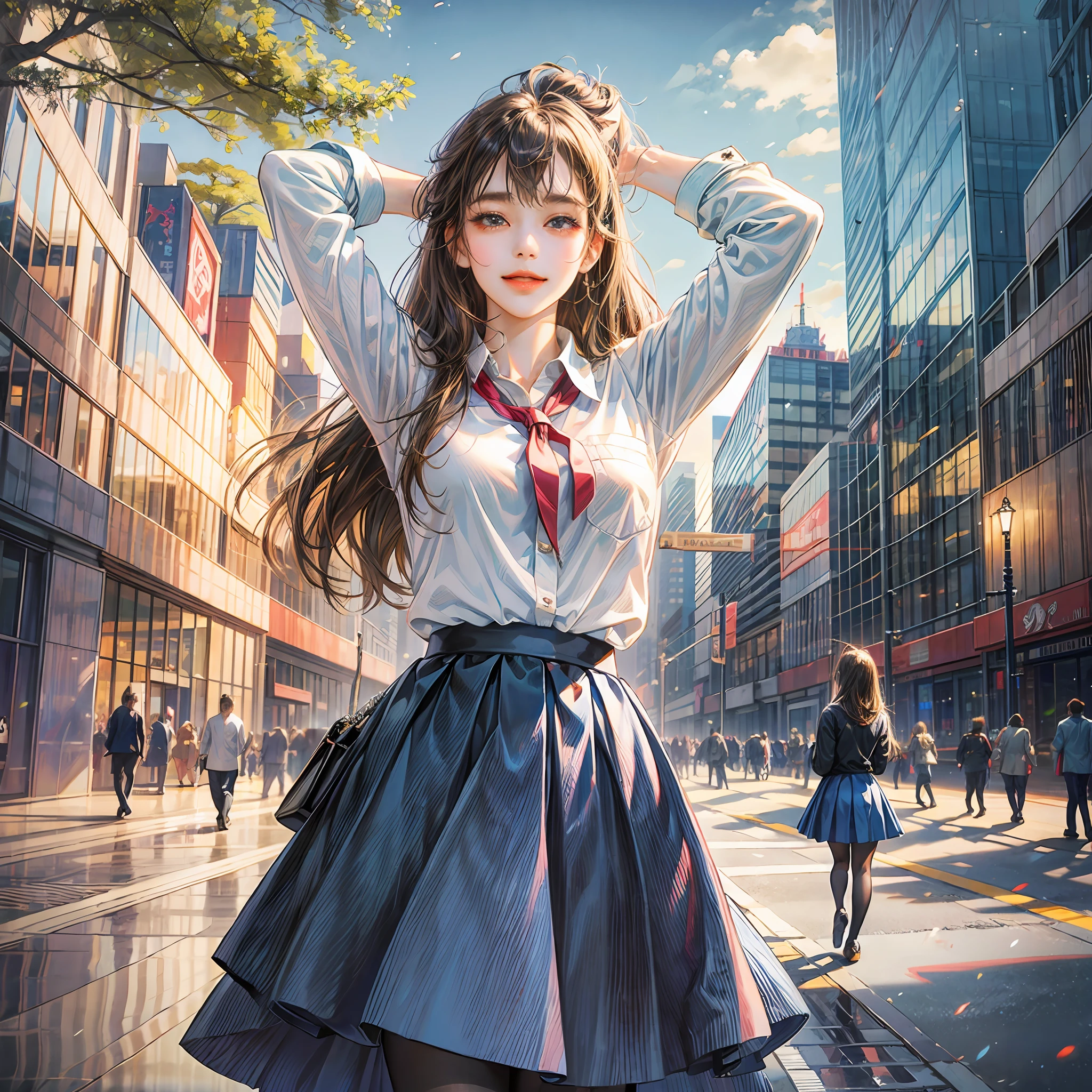 1girl, cowboy shot, straight head, arms behind head, arms up, hands in pockets, standing, bangs, looking at the audience, ahoge, long hair, blushing, (school uniform), blue shirt, layered skirt, blue skirt, (long skirt: 1.1), red ribbon, long sleeves, white trousers, pantyhose, brown uwabaki, smile, solo, naked tree, architecture, city, cityscape, daytime, outdoors, skyscraper, street, tokyo (city\), tree --auto --s2