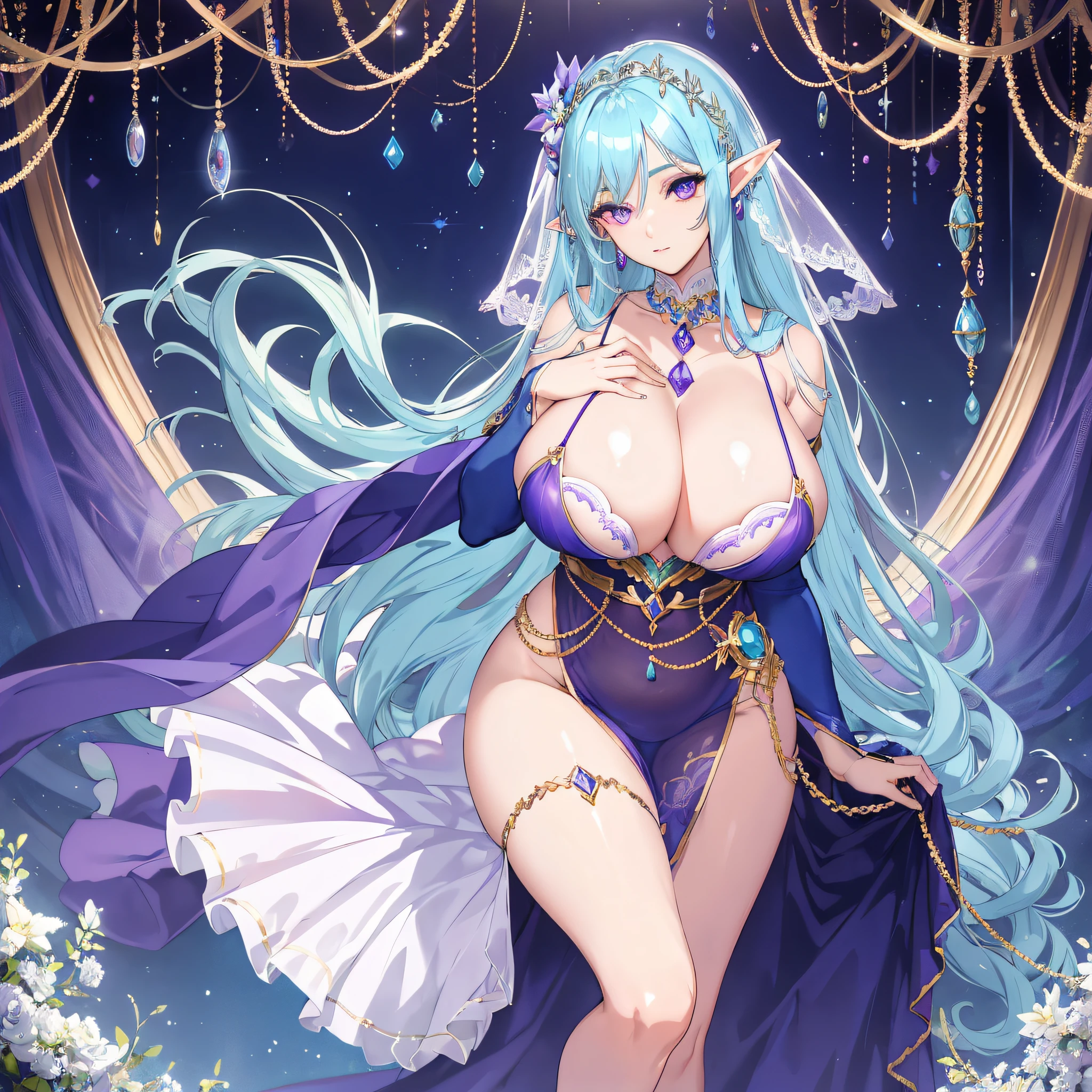 Big elf, blue hair, purple jewel eyes, hot figure, big beauty, delicate and beautiful face, full body portrait, big eyes, beautiful face, big, transparent tulle textured clothes, sexy and alluring, plump body, hands holding chest, perfect body proportions