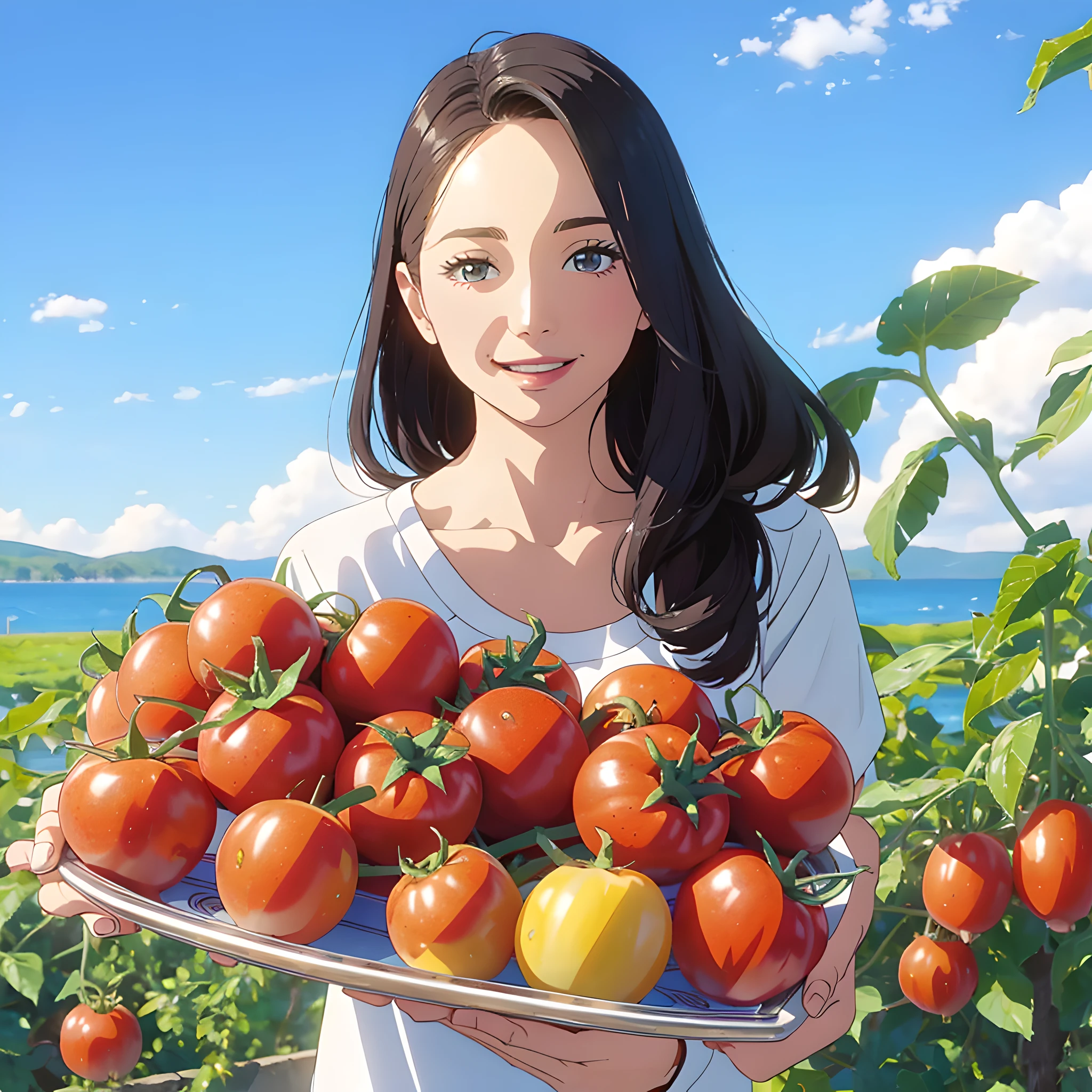 Beautiful woman picking tomatoes, beautiful scenery, clear picture quality, blue sky --auto --s2