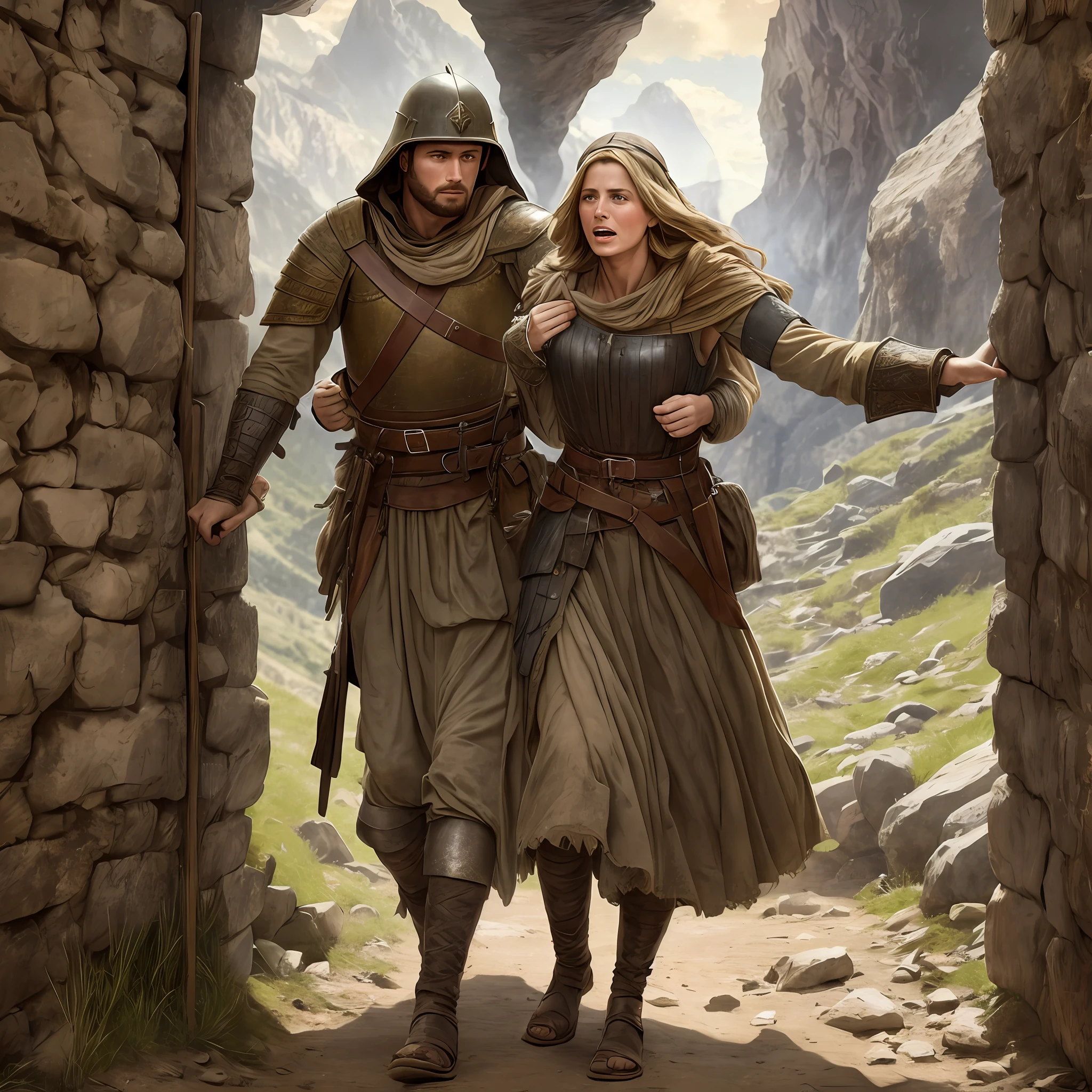 Two medieval male soldiers, holding a desperate woman screaming, wearing torn clothes, at the entrance of a cave in the mountains, Realistic, Full HD, best quality