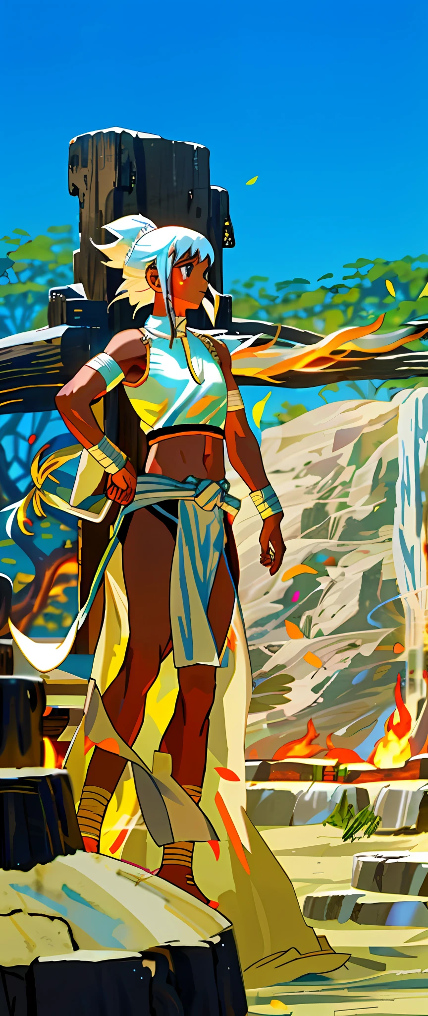 White fire around the body, white colored fire, fire in the hair. Fire on his shoulders.