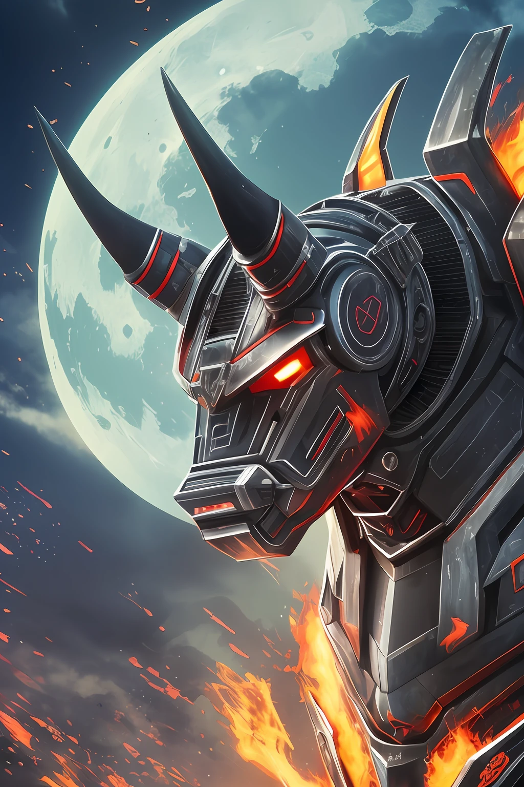 A closeup of a robot bull with a big horn, Black Bull Samurai, moon bull samurai, Animal Robot, mecha animal, futuristic robot devil, Bull, stylized cyberpunk minotaur logo, Minotaur in ancient armor, Minotaur of the Way of Exile, Minotaur, Transformers Movie Style Tech, high on an erupting volcano --auto --s2